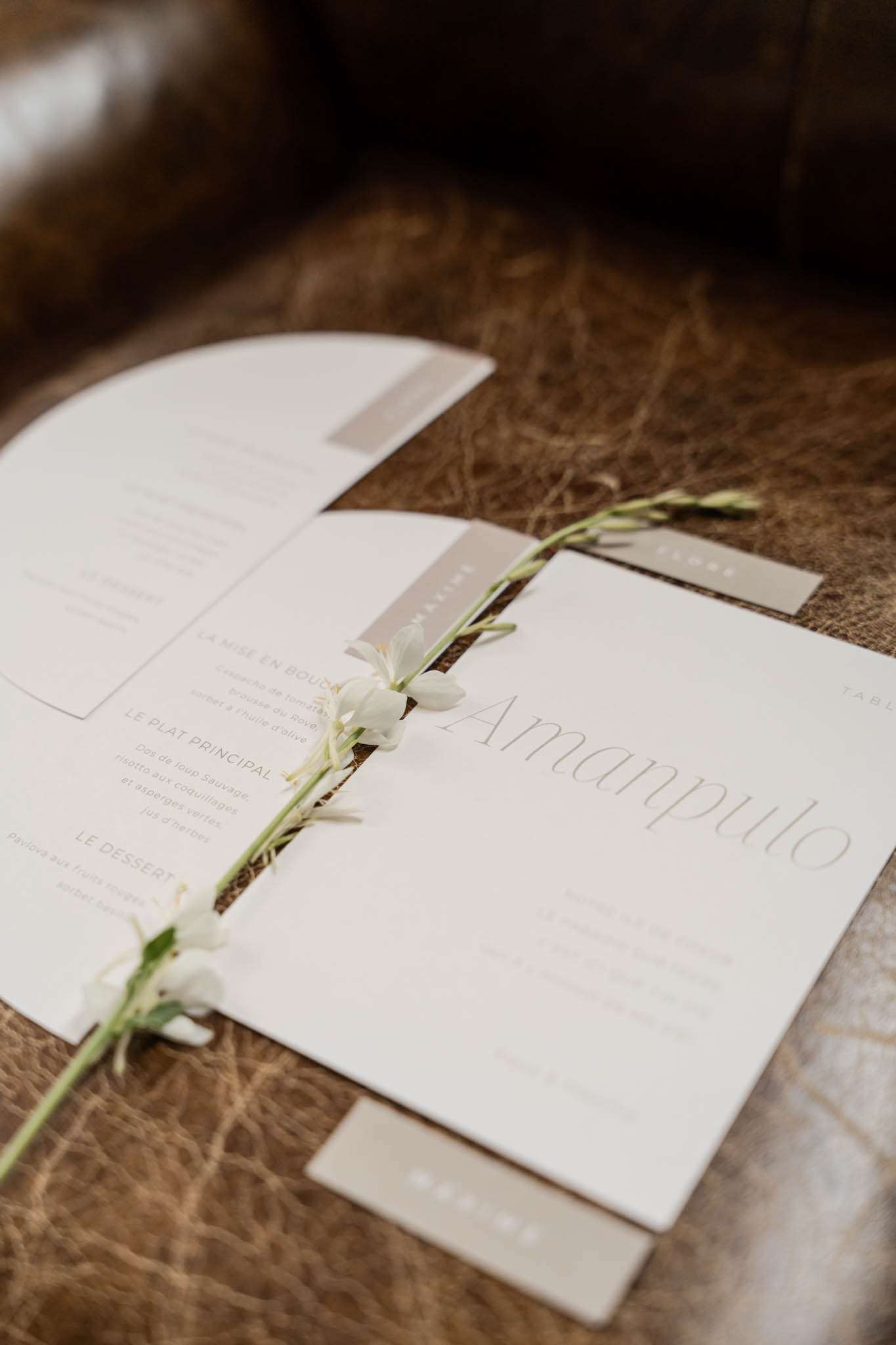 French menu card place card and table card with white freesia stem on textured brown surface