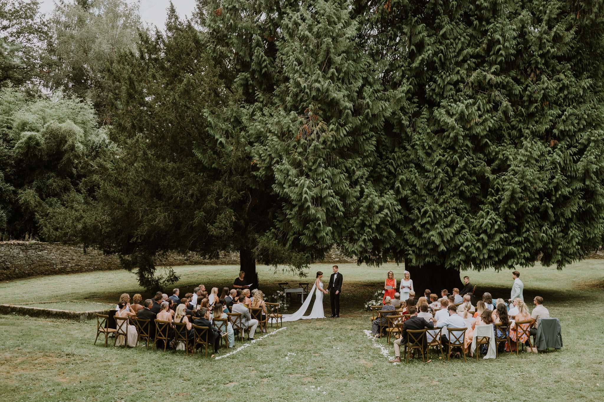 Elevated view of outdoor wedding ceremony under a large tree with guests seated on wooden chairs on a lawn
