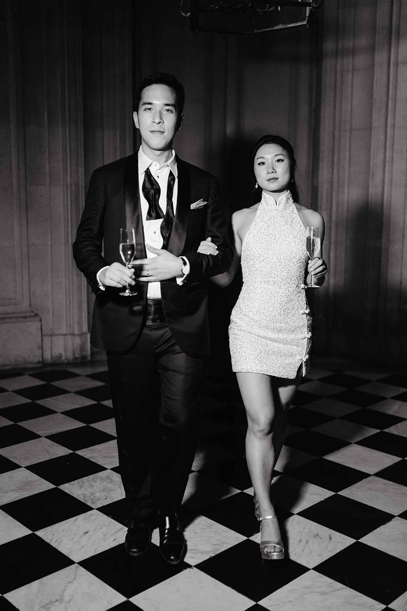 Black and white wedding reception setup at a French chateau