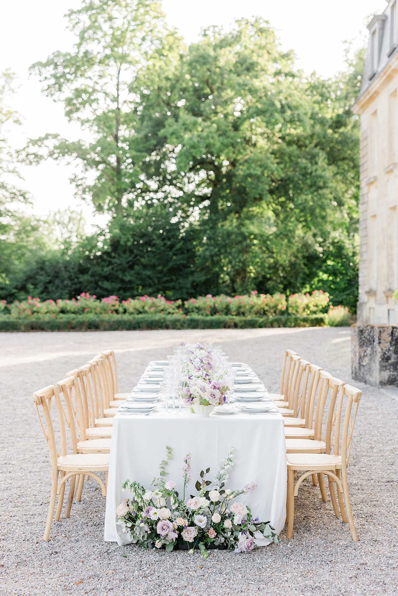 Reception dinner table set up at a French wedding venue