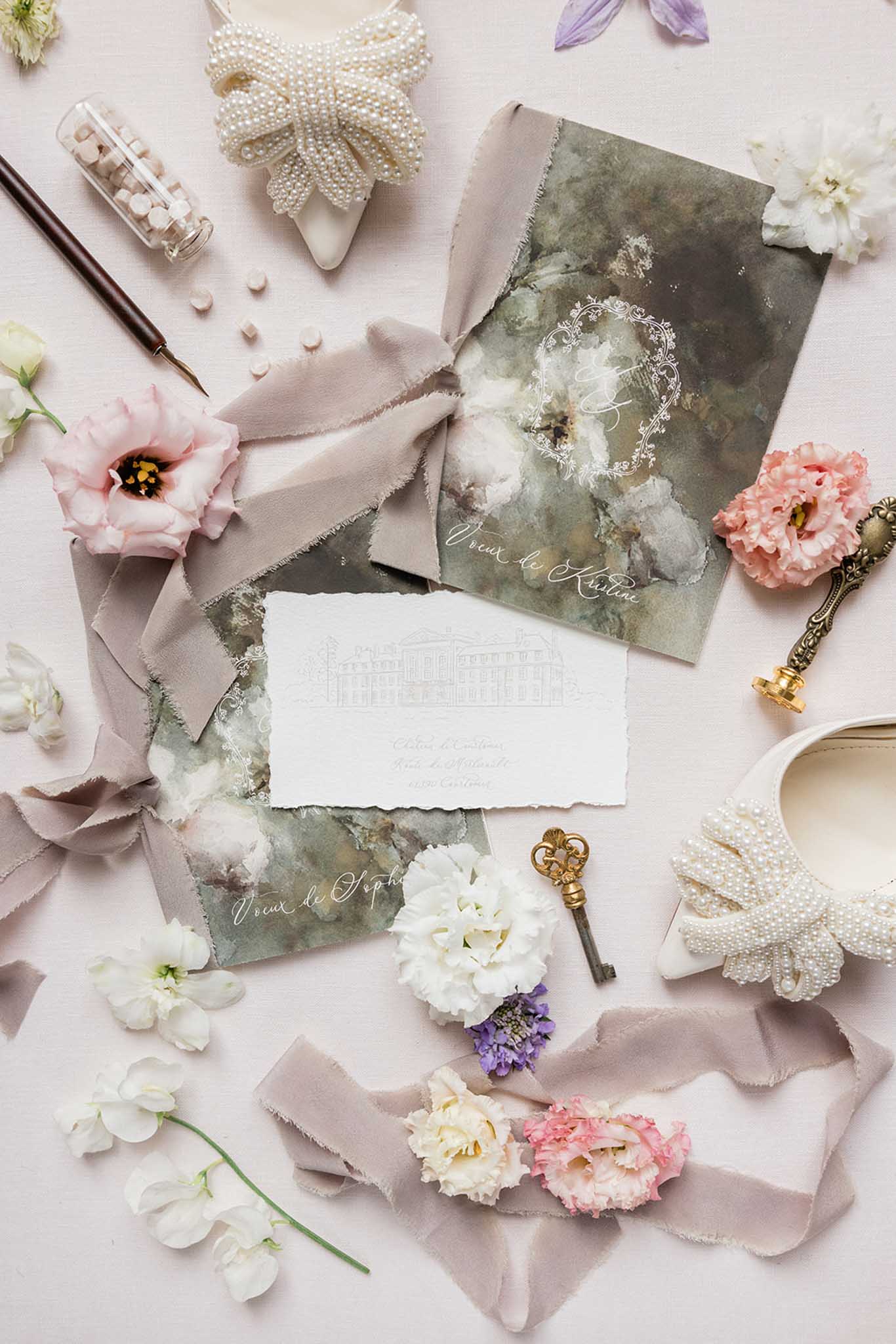Styled flat lay of watercolor wedding stationery with peonies, pearl accessories, and silk ribbon