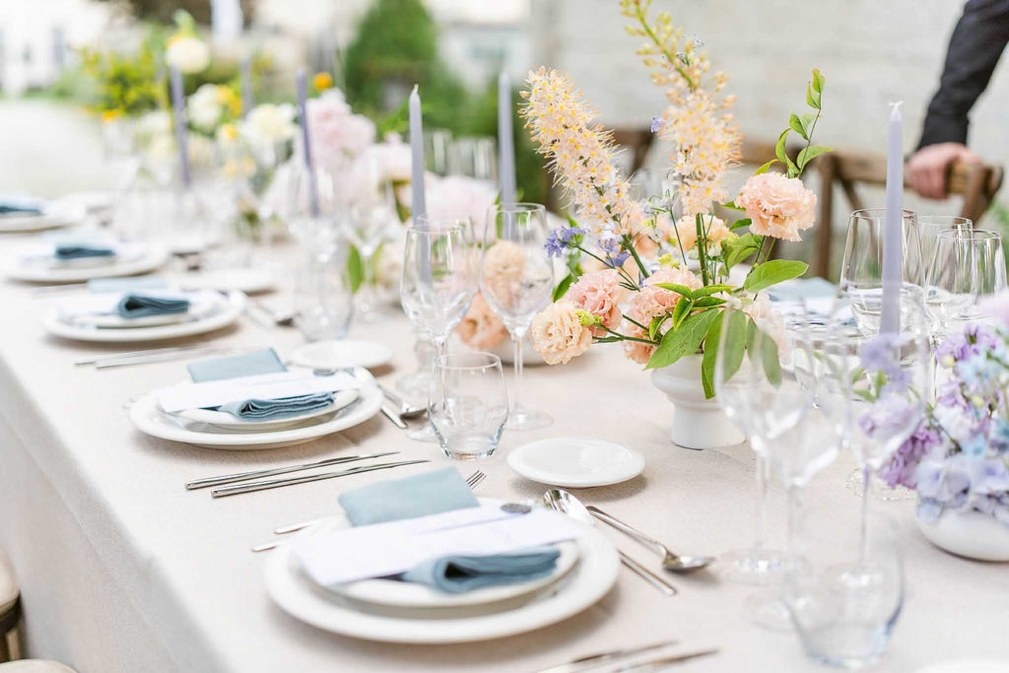 Wedding reception table setting at a French chateau