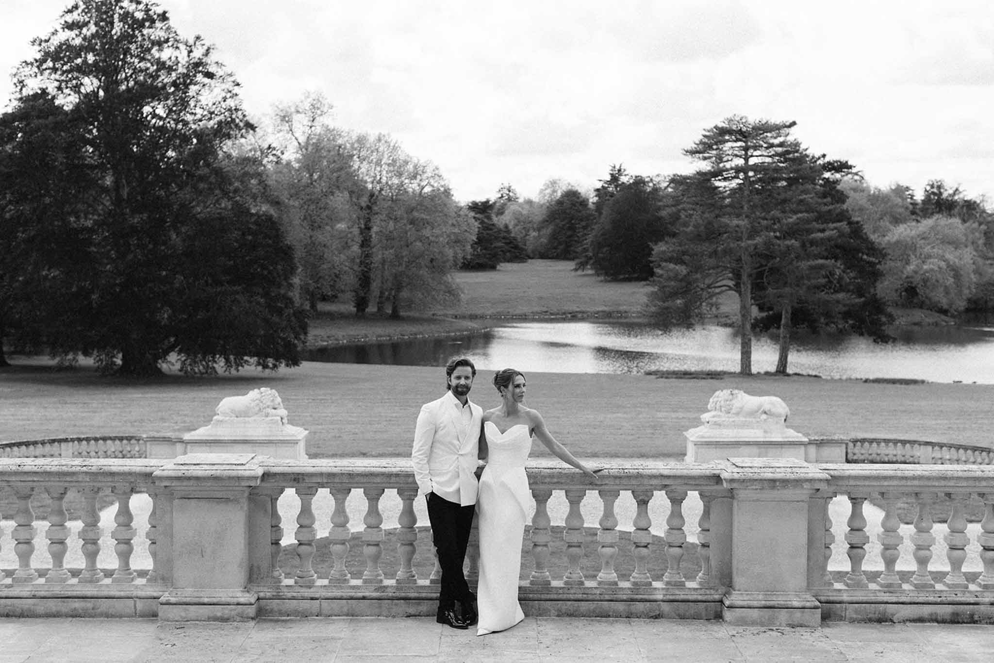 Black and white bride and groom portrait at a French chateau