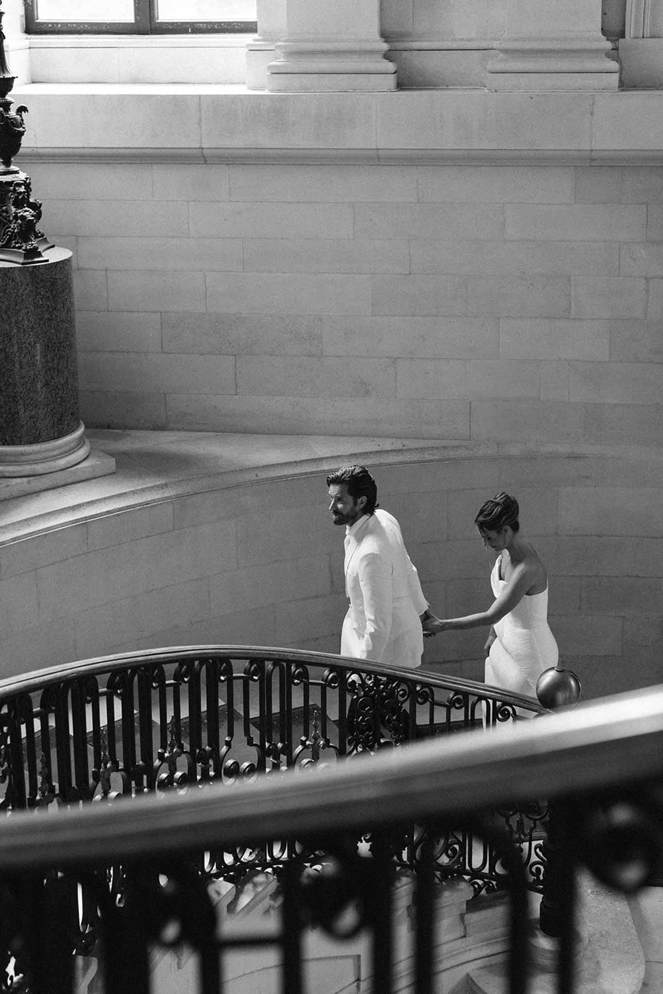 Black and white bride and groom portrait at a French chateau
