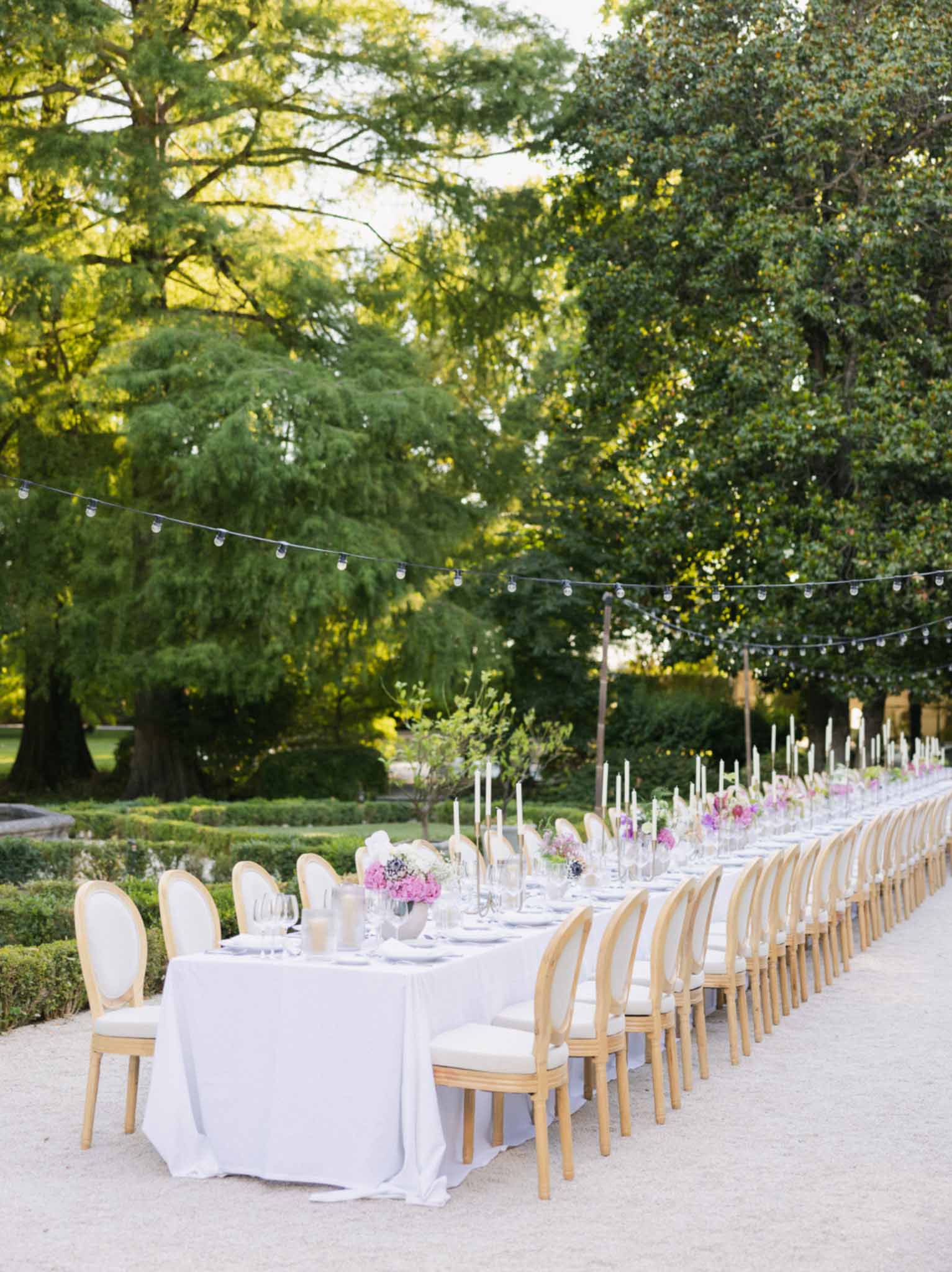 Outdoor reception table with peony centerpieces and Edison bulbs under garden tree canopy