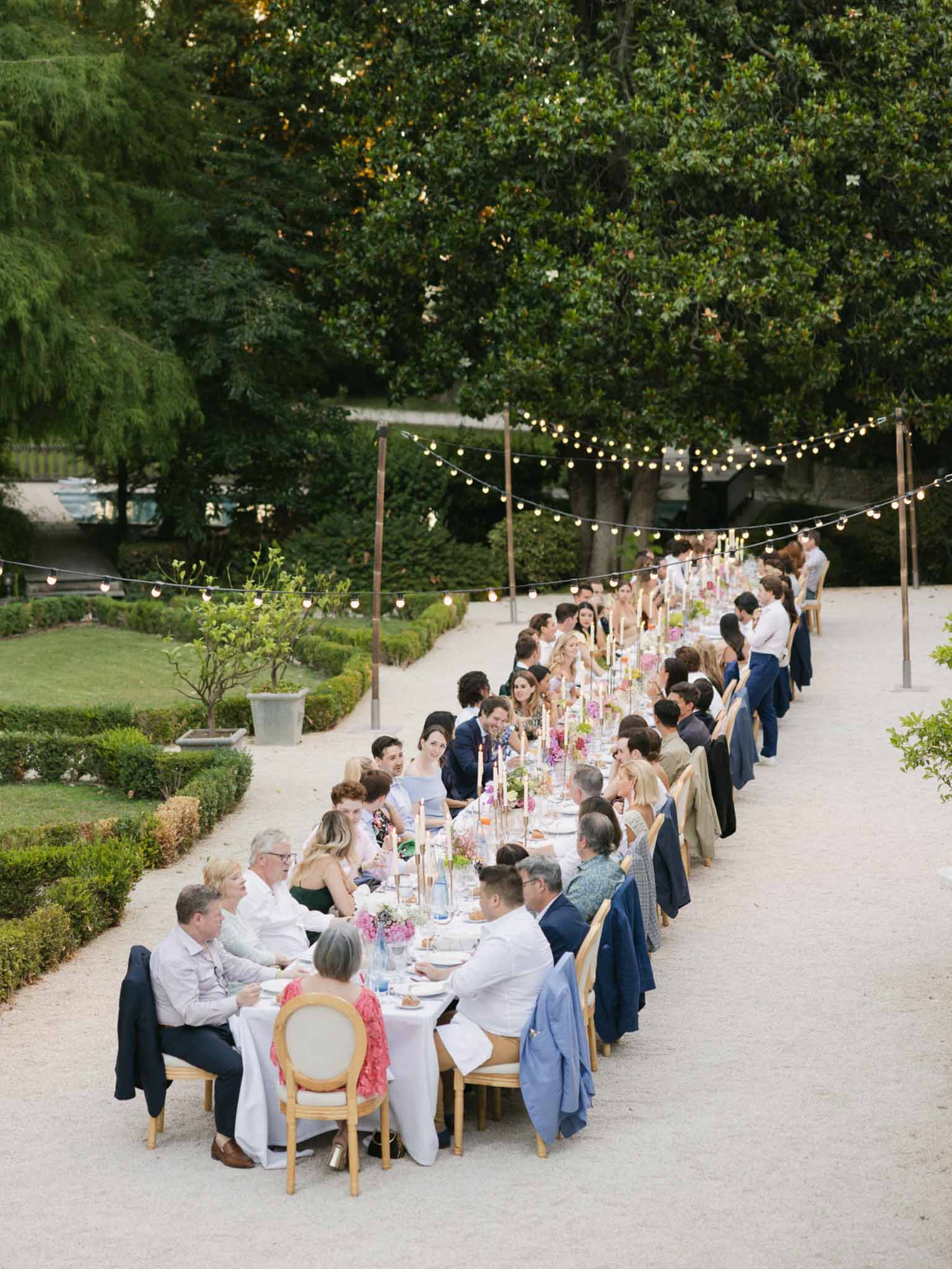 Aerial view of wedding reception at a French chateau