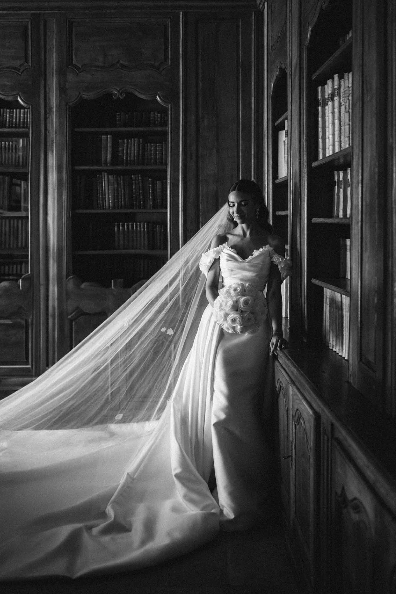 Black and white portrait of the bride at a French venue