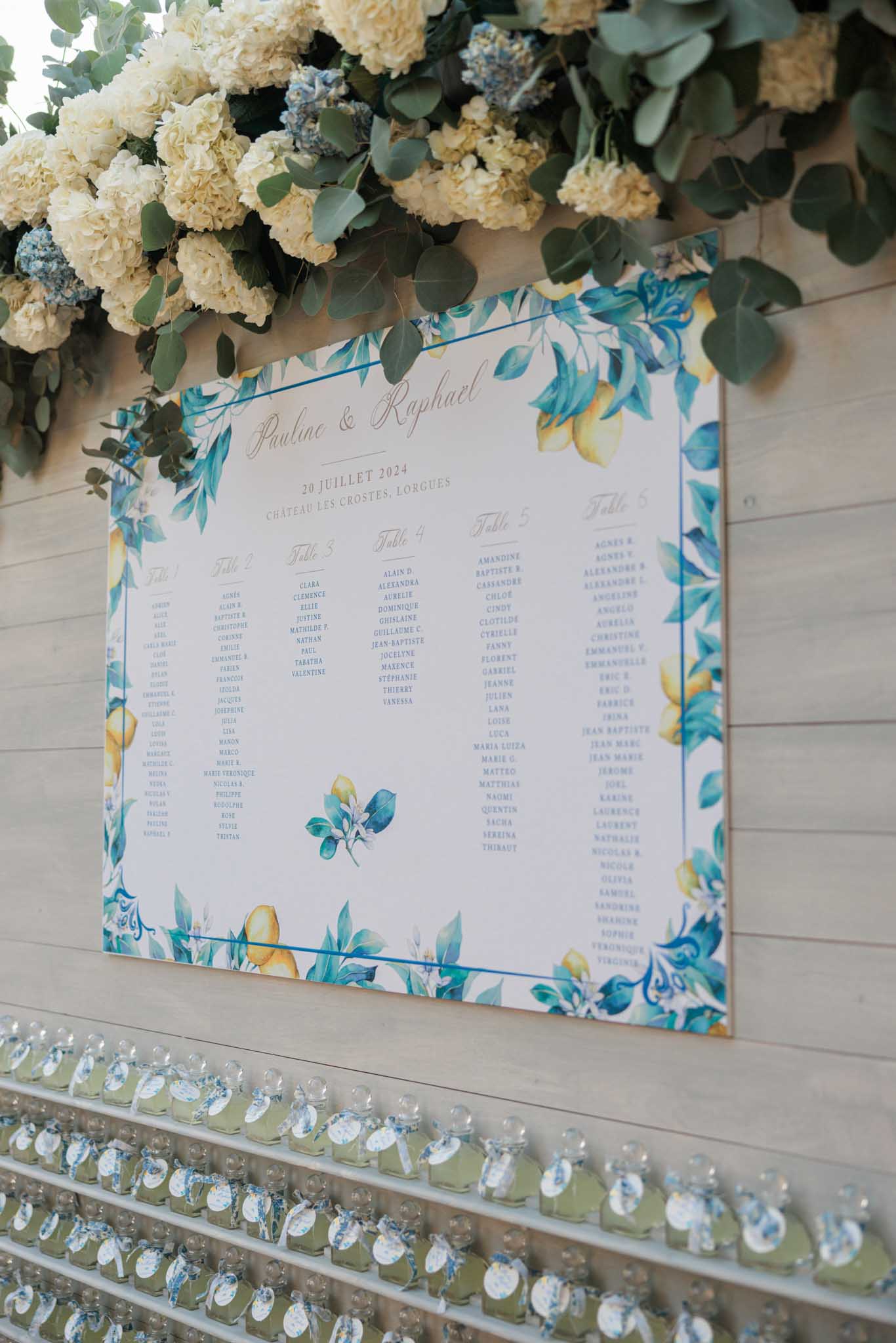 Seating chart for Pauline and Raphael with botanical border, cascading cream carnations and blue delphinium above