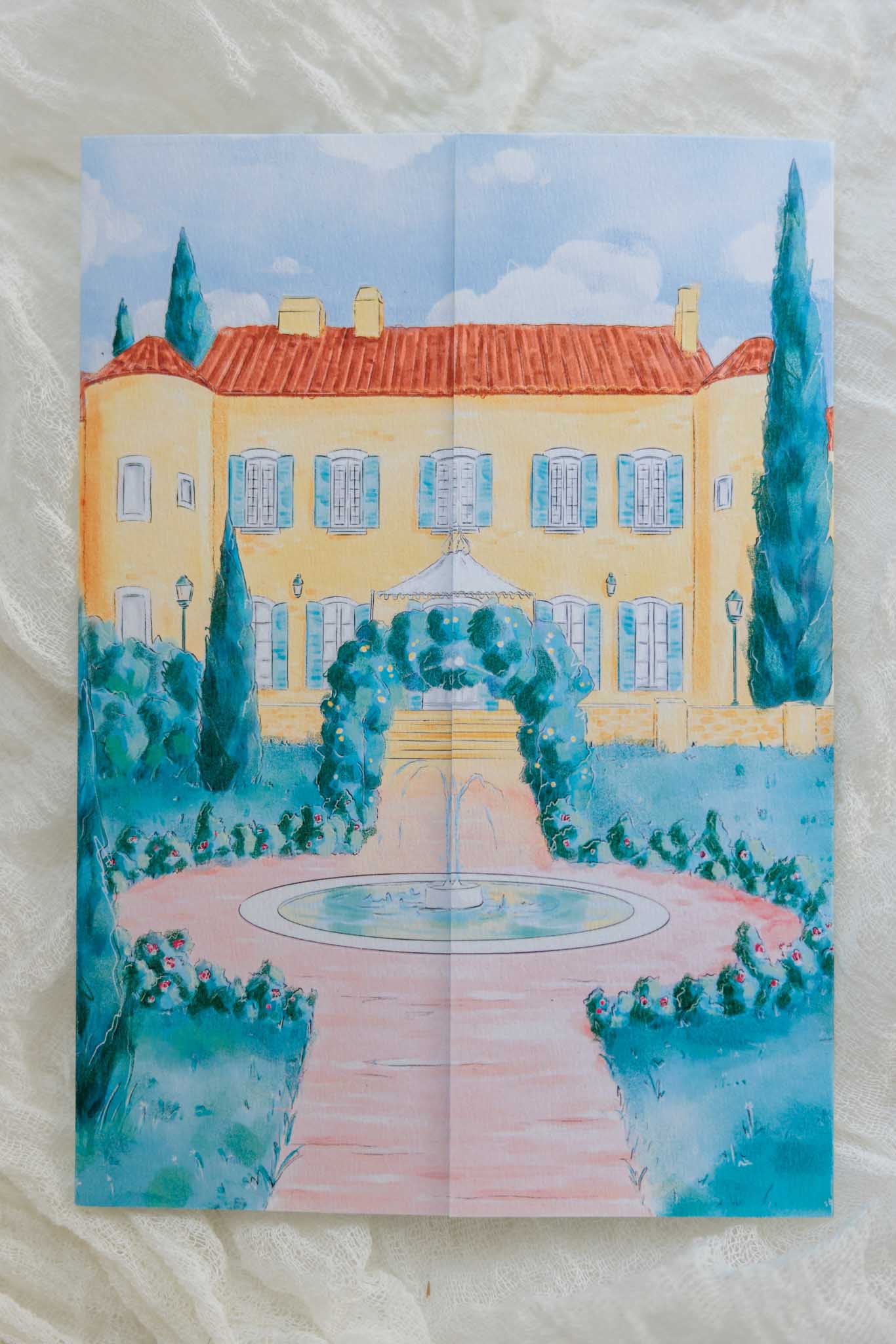Watercolour painting flat lay of Mediterranean villa with cypress trees, fountain and white tent on terrace