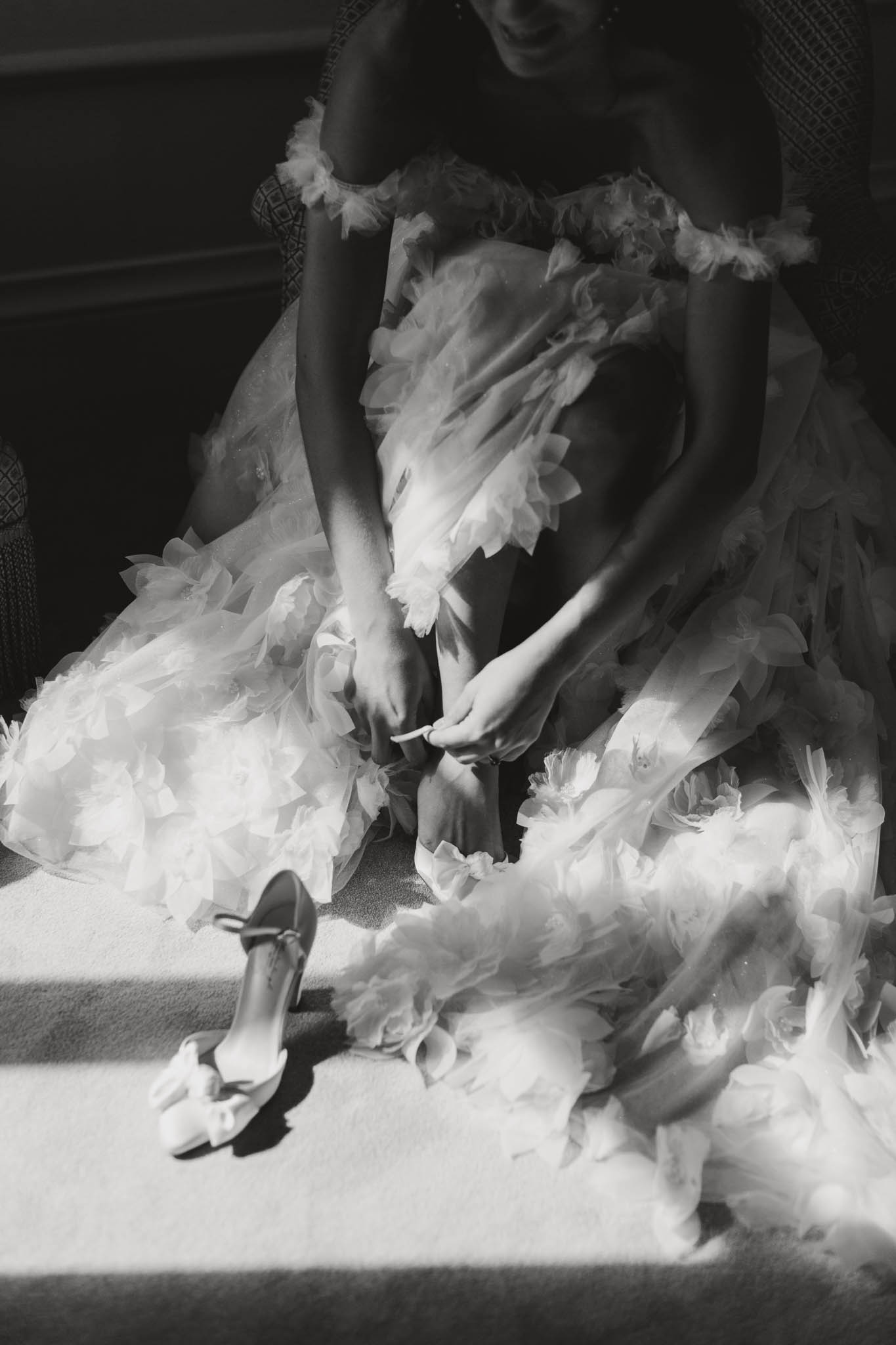 Black and white bridal portrait at a French chateau