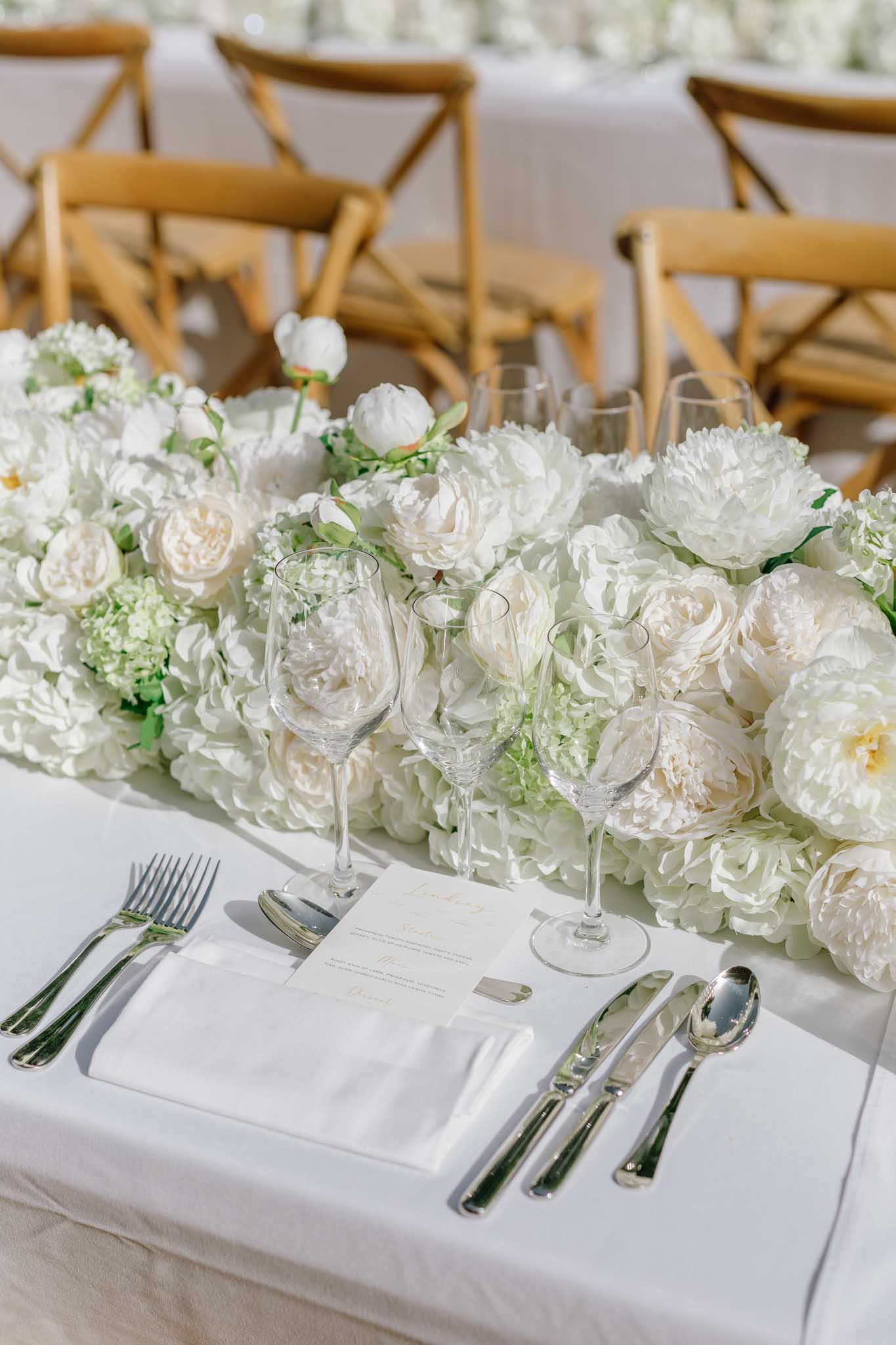 Wide shot of outdoor ceremony at Château de Sannes with guests seated in garden rows