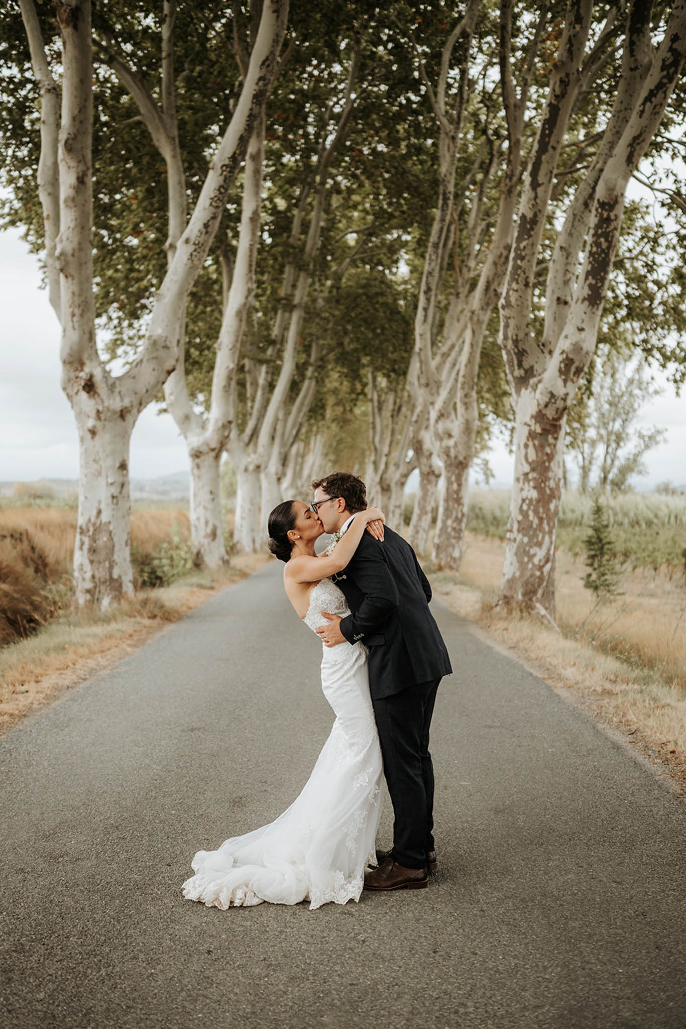 A couple portrait taken outdoors on a tree-lined road, with the bride and groom kissing in the center of the frame. The groom wears a dark navy suit with glasses, and the bride wears a fitted ivory lace gown with a short train and a strapless or off-shoulder neckline, her dark hair worn up. The road is flanked symmetrically by two rows of tall plane trees with white-grey bark, creating a natural tunnel effect that draws the eye toward the couple. The surrounding landscape suggests a vineyard or rural estate in the south of France, consistent with a Languedoc or Provence setting. The shot is a full-length portrait taken from ground level, centered on the couple with the tree-lined alley receding into the background.