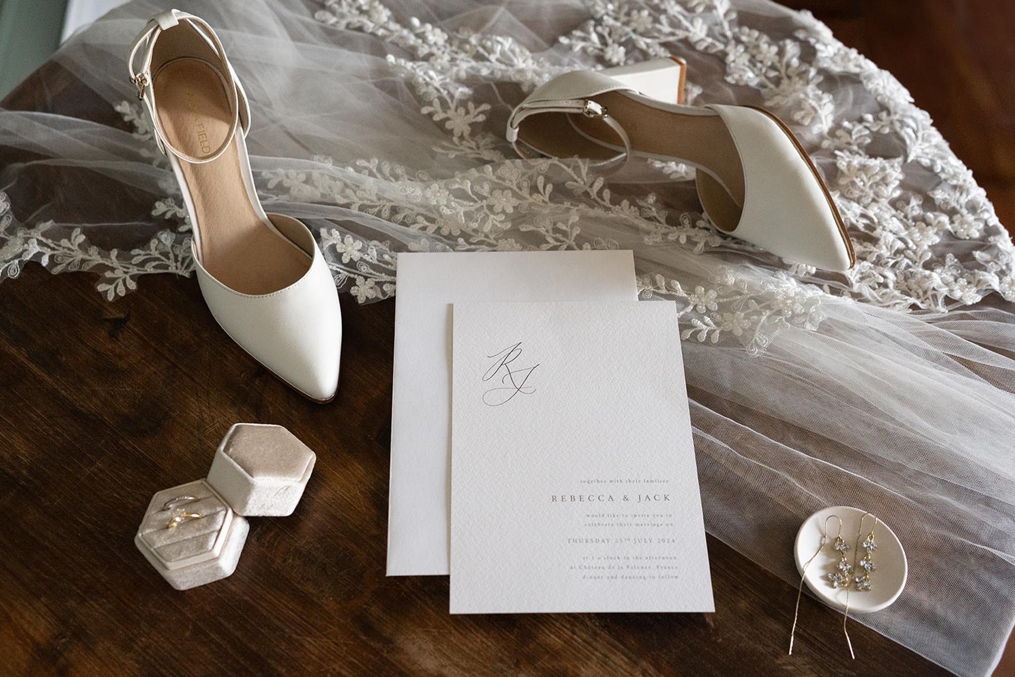 Flat lay of wedding vow cards and stationery