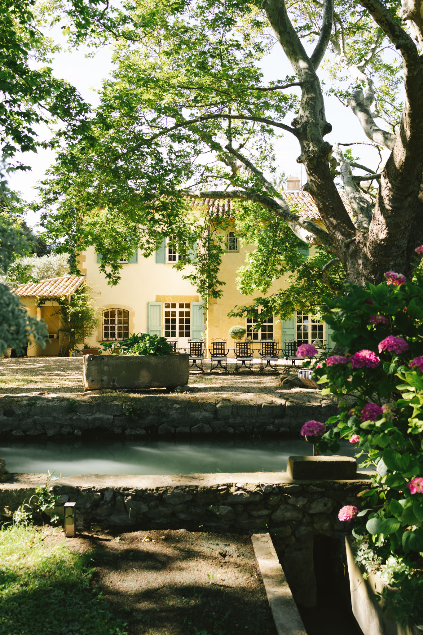 Yellow stone French manor with green shutters framed by trees with canal and pink hydrangeas in foreground