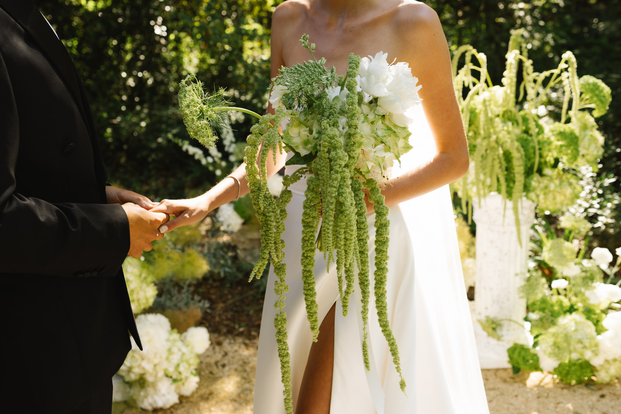 Bride and groom in a garden setting