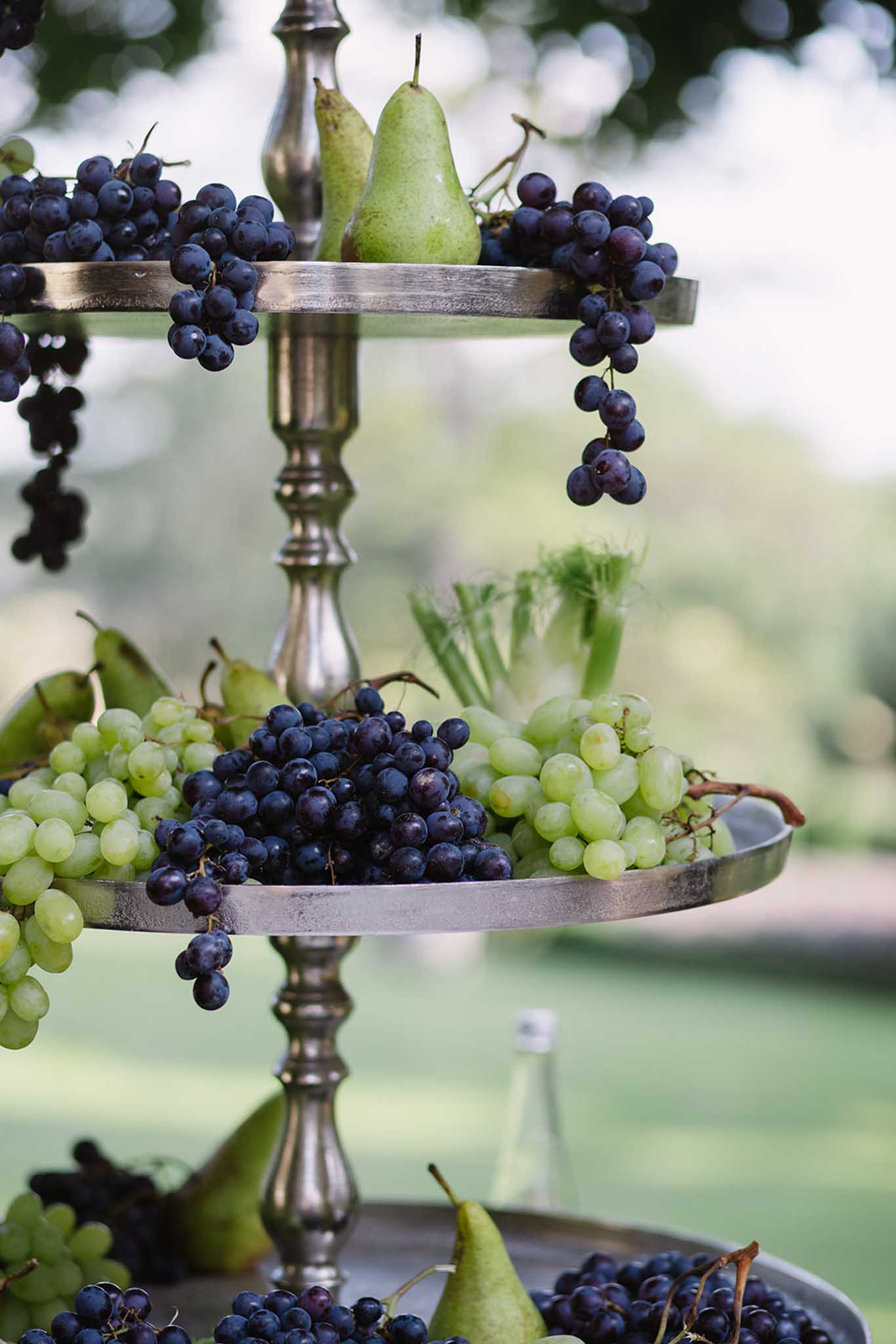 Tiered metal stand displaying dark purple grapes, pale green grapes and fresh pears at a reception or cocktail hour display.