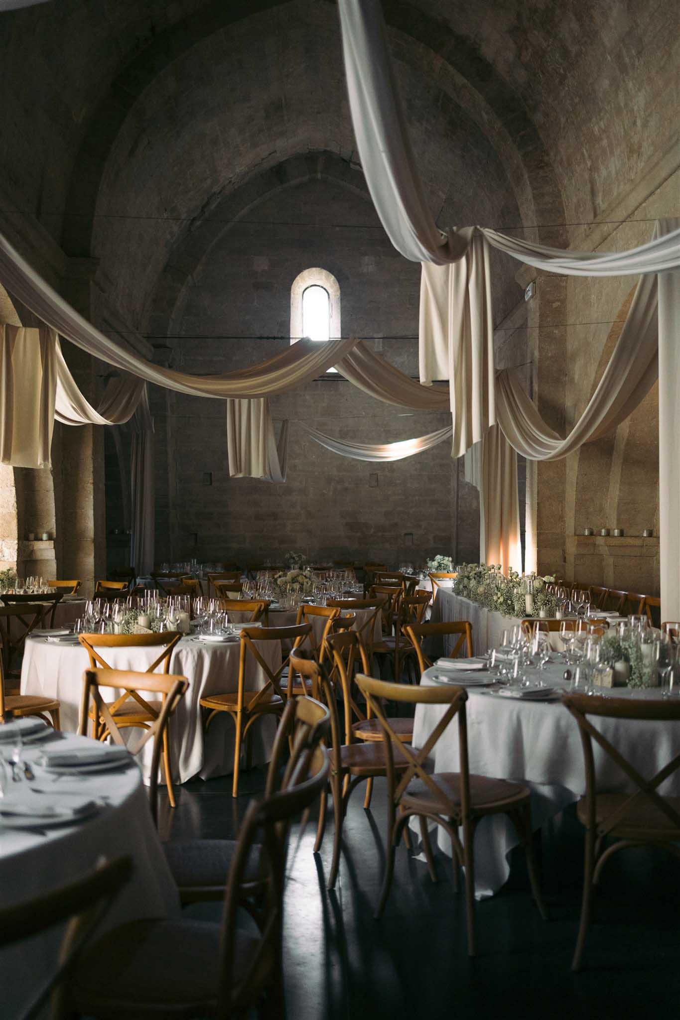 Reception dinner table set up at a French wedding venue