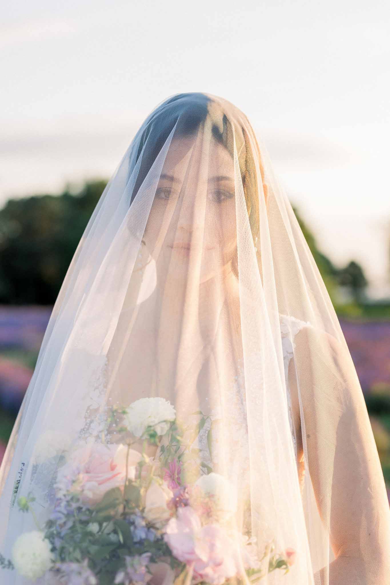 Bride holding bouquet of white and pink roses beneath a tulle veil in a lavender field at golden hour