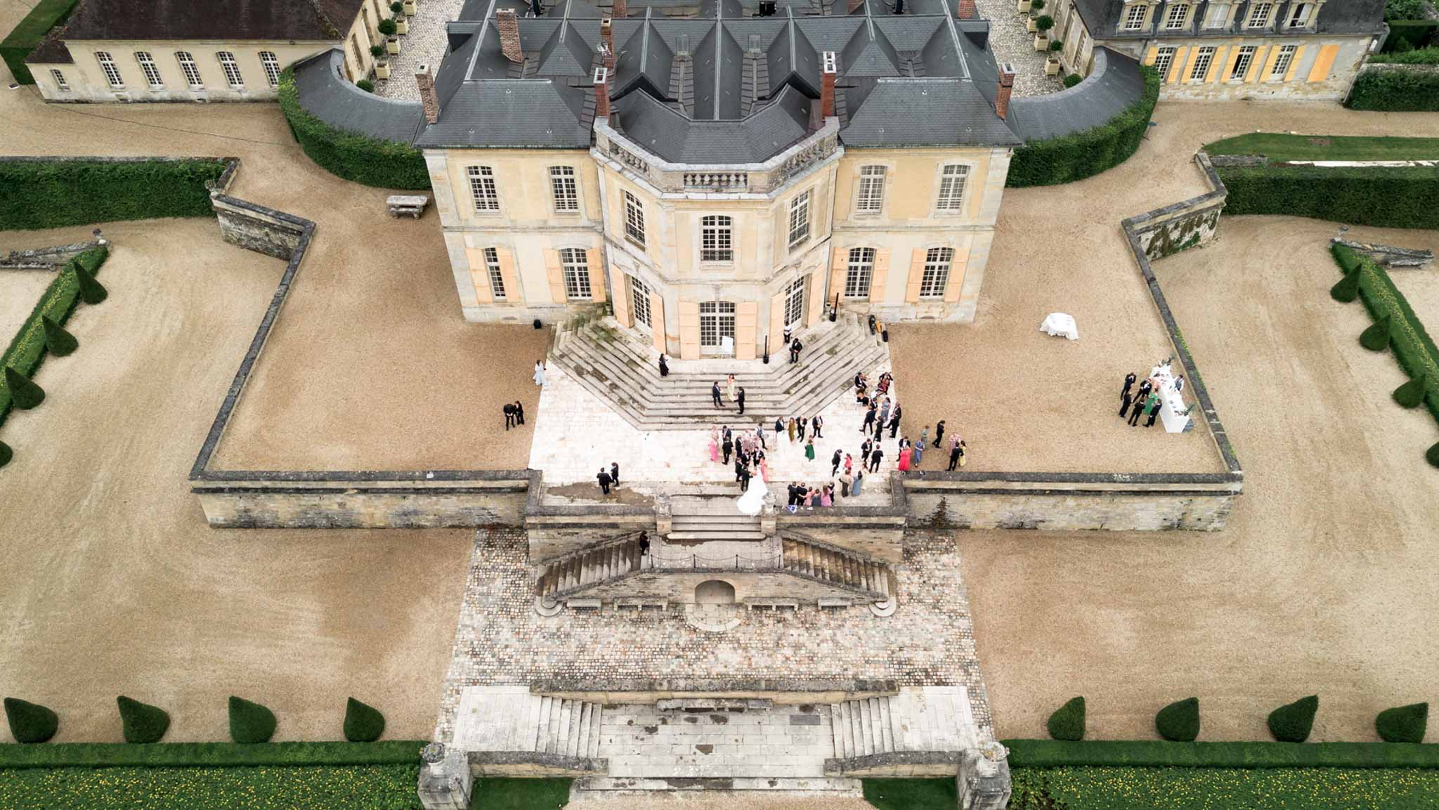 Aerial view of Villette Dream Paris wedding venue manor with formal staircase and grounds