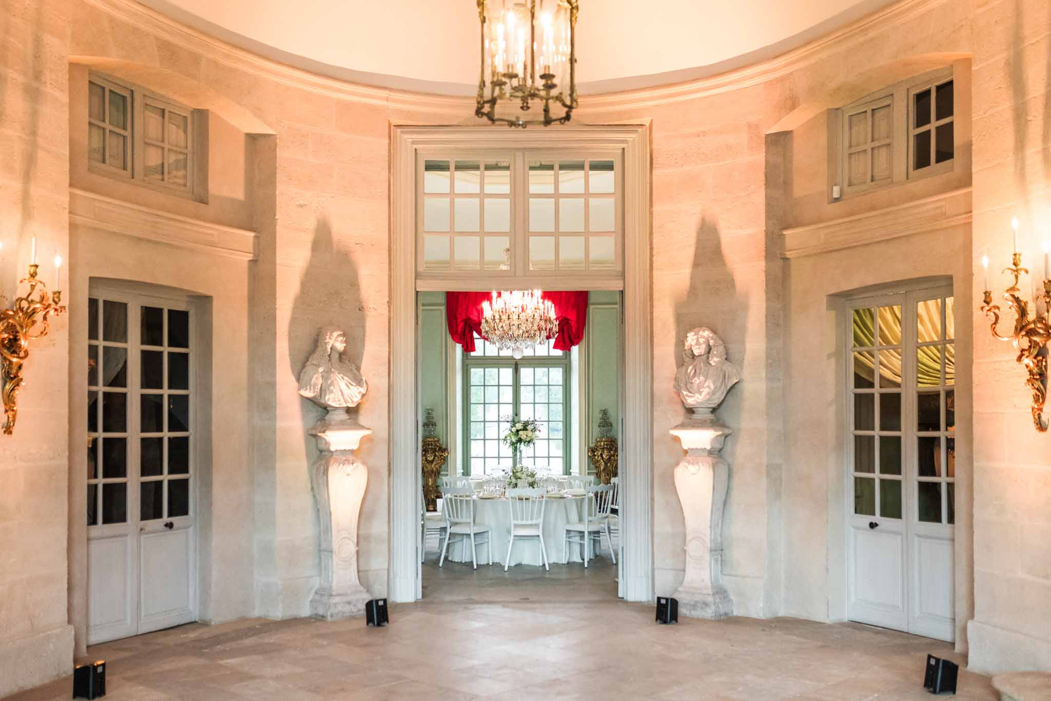 Reception dinner table set up at a French wedding venue