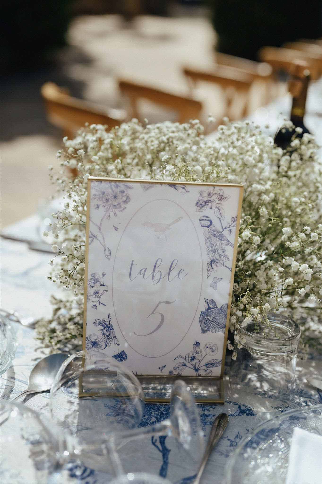 Table number card reading table 5 surrounded by white baby's breath flowers with navy charger plates