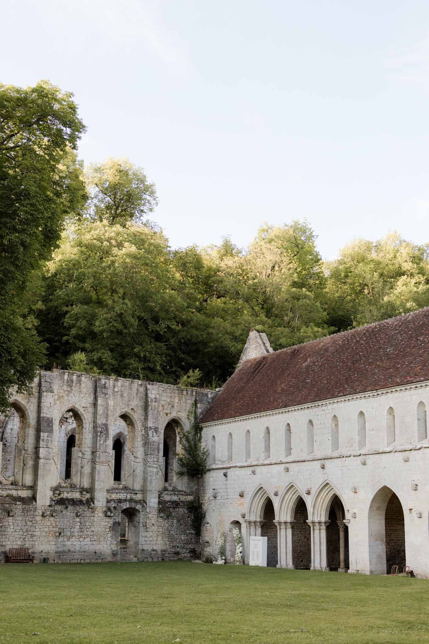 Ruined stone abbey with Romanesque arches and Gothic windows set in wooded grounds