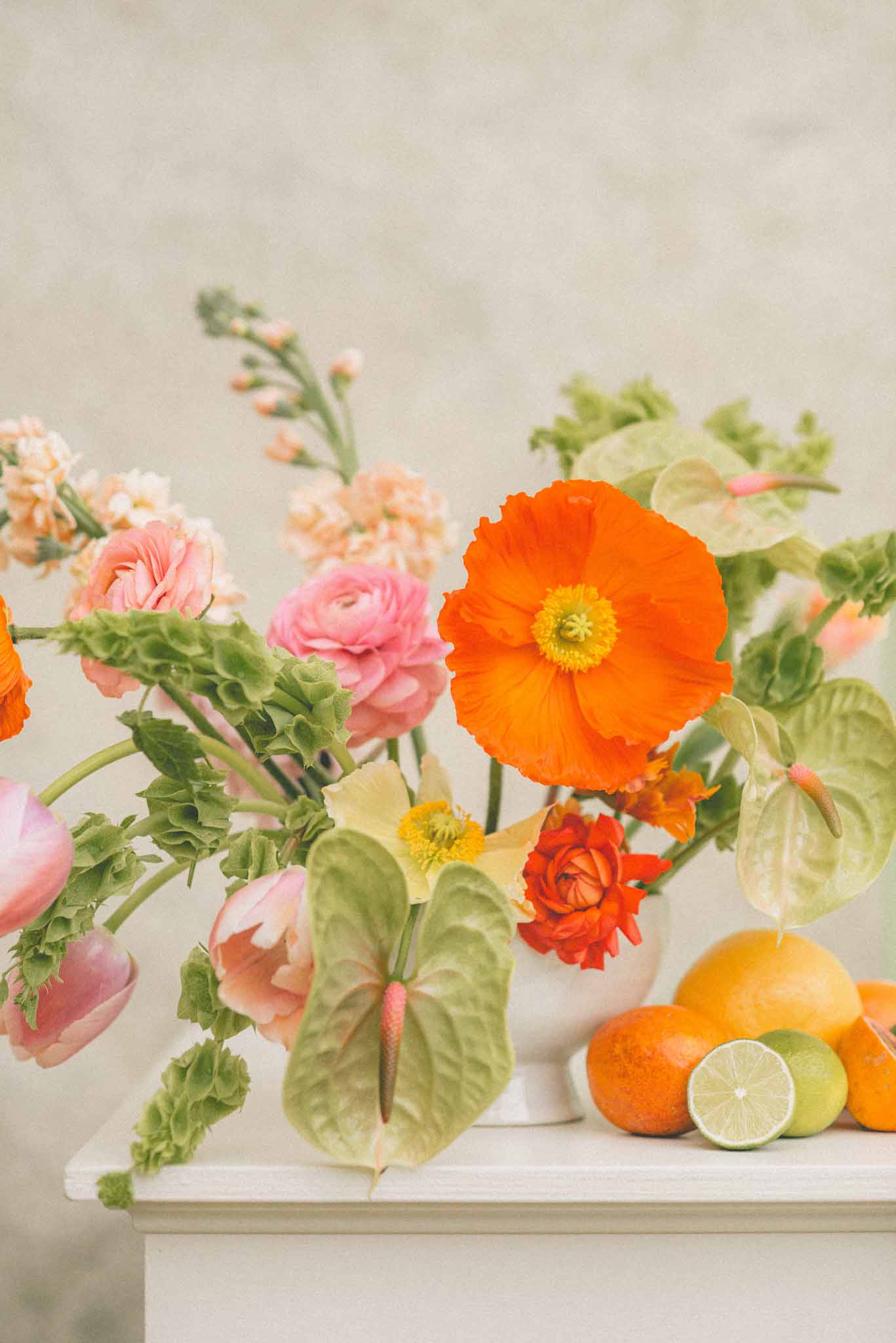 A close-up detail shot of a floral arrangement in a white ceramic urn-style vase, placed on a white surface against a neutral off-white textured backdrop. The arrangement features an orange Iceland poppy as the focal bloom, accompanied by pink and coral ranunculus, pink parrot tulips, peach stock, a pale yellow daffodil, green anthurium leaves, and trailing vines with translucent seed pods. To the right of the vase, a small grouping of oranges, clementines, and a halved lime sits directly on the white surface, reinforcing a citrus-toned color palette of orange, coral, pink, and green. The overall styling is loose and garden-inspired, with an organic, unstructured arrangement style.
