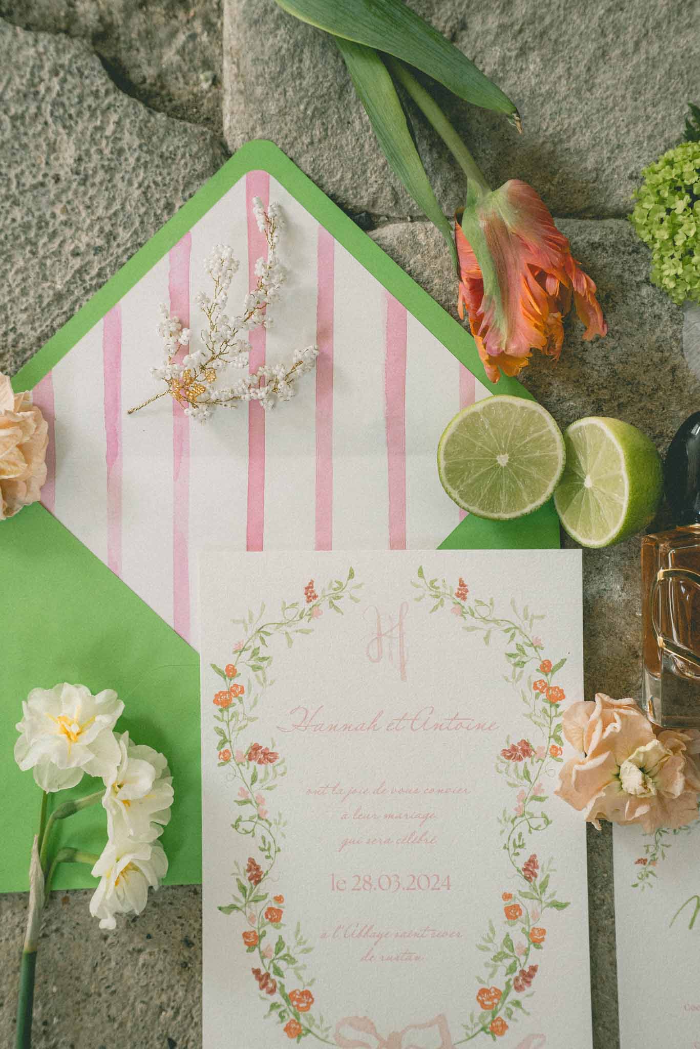 Flat lay of wedding stationery suite with watercolor floral wreath, green envelope, limes, and flowers on stone surface
