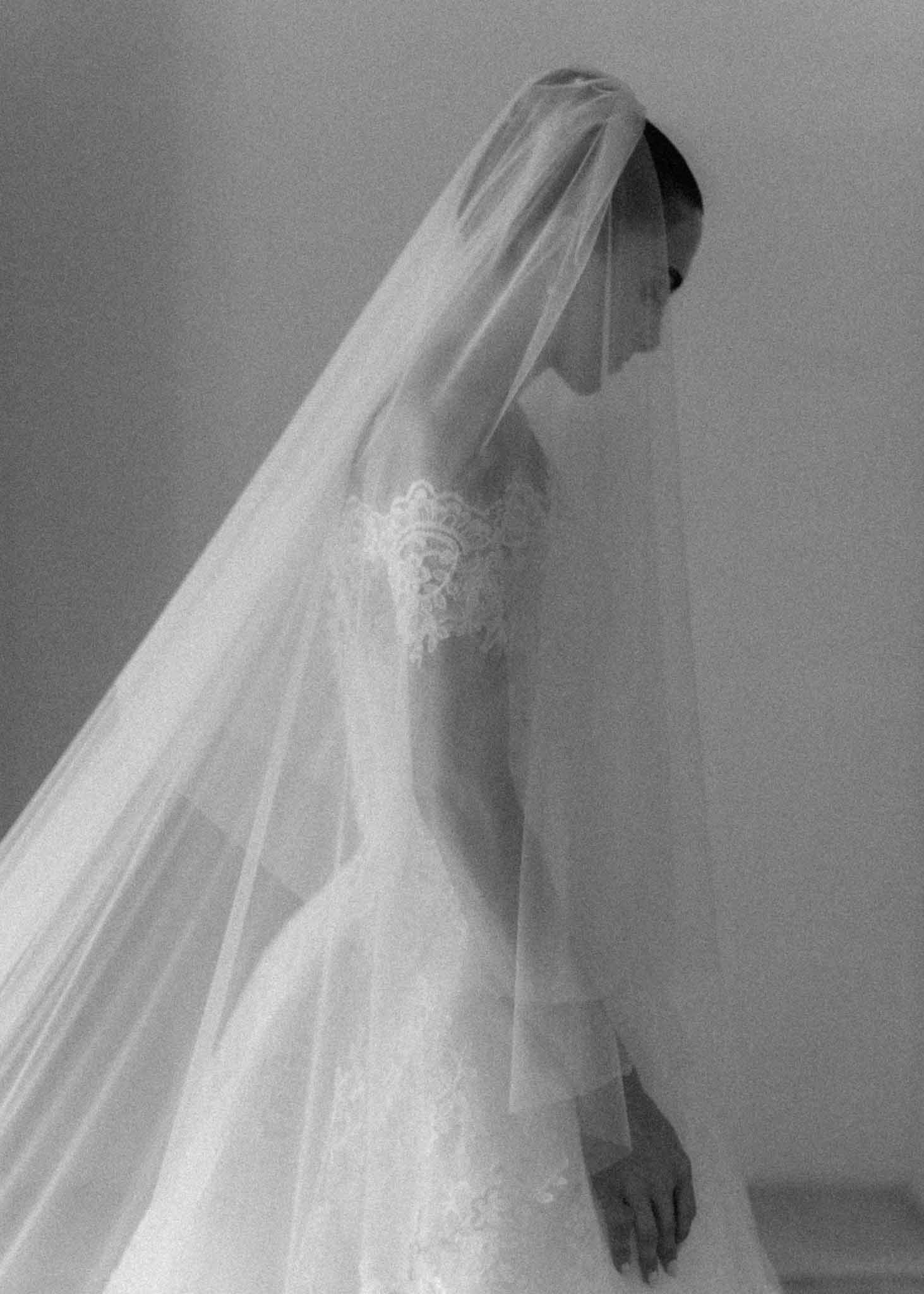 Black and white portrait of the bride at a French venue