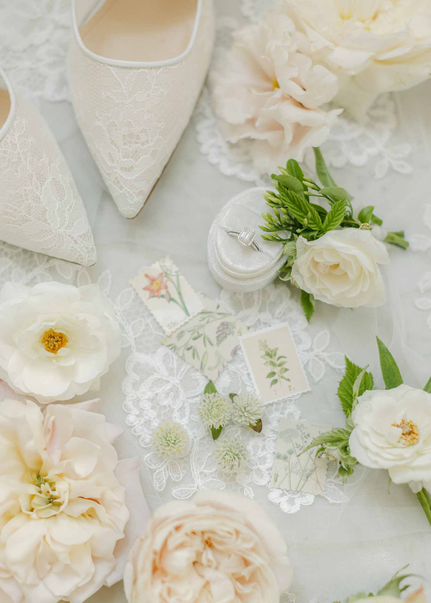 Flat lay of wedding accessories and details