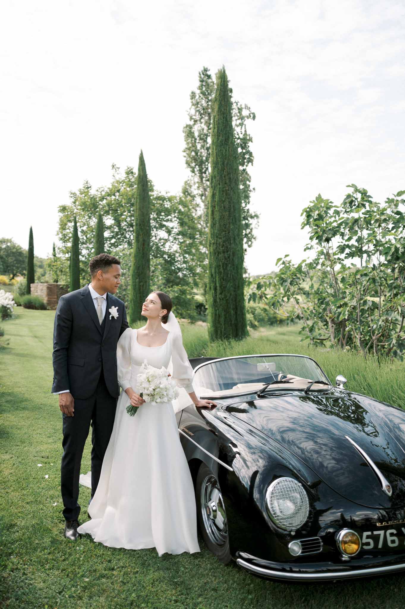 Bride and groom portrait in a garden