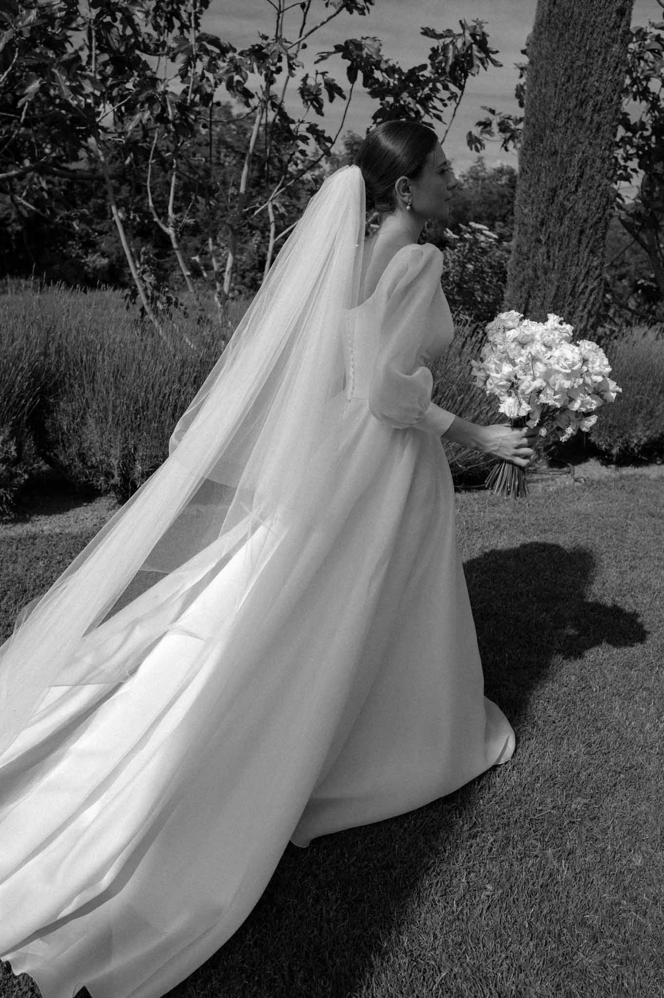Black and white rear portrait of bride in puff-sleeve gown with cathedral veil across garden lawn