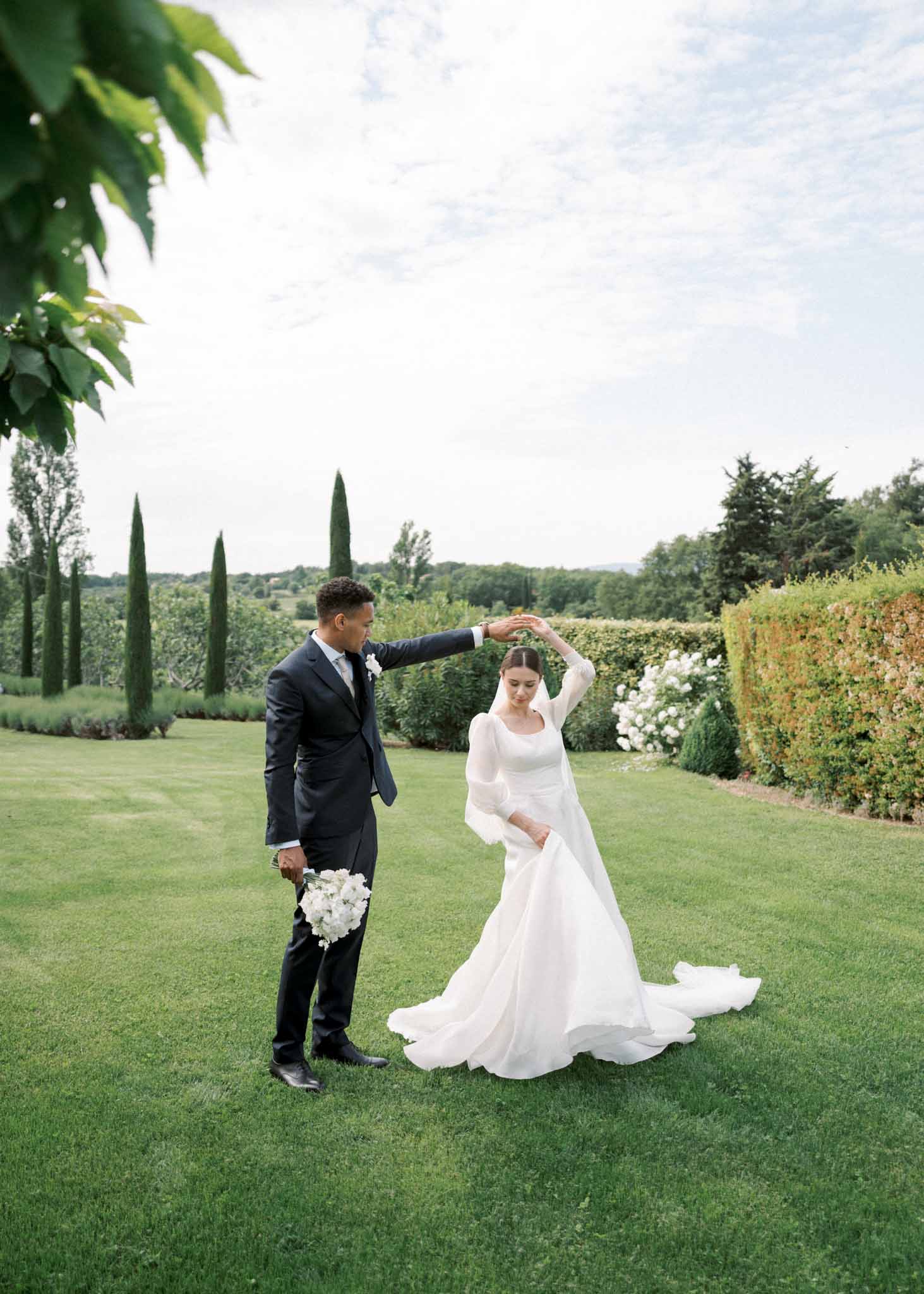 Wedding reception room in a garden with white roses