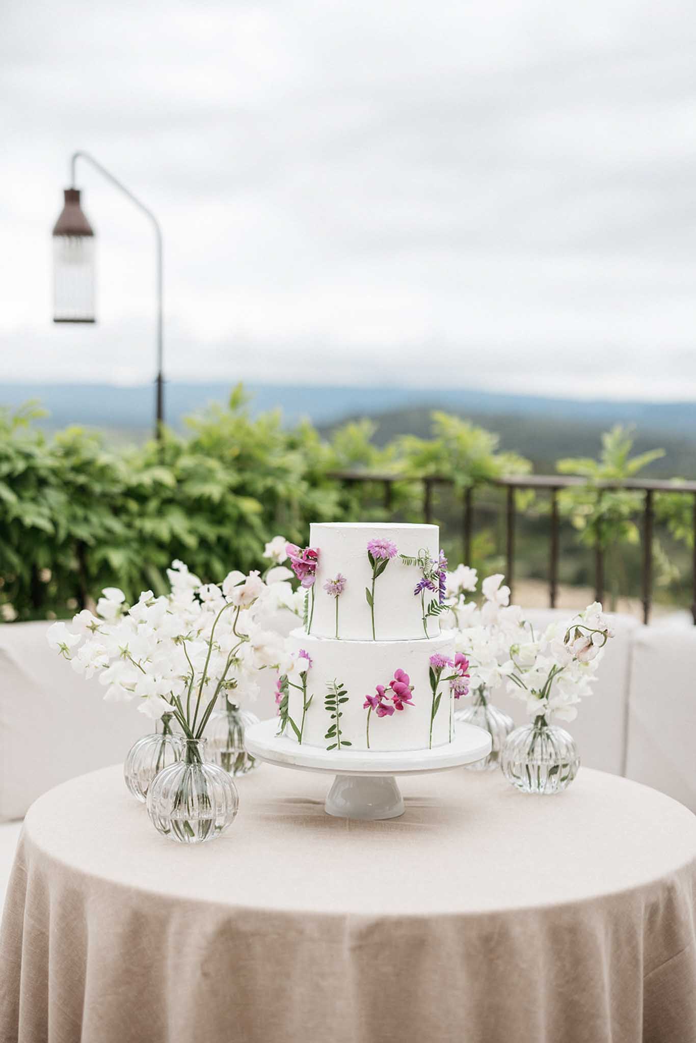 Two-tier wedding cake with botanical decorations on outdoor terrace overlooking forested hills