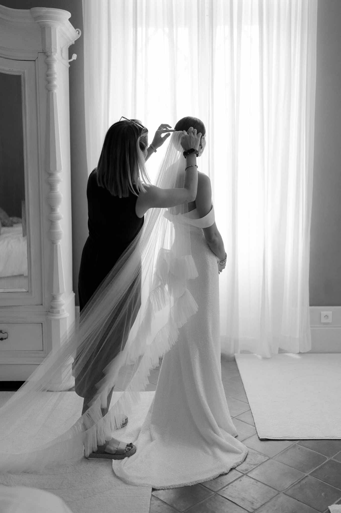 Black and white photo of bridal portrait