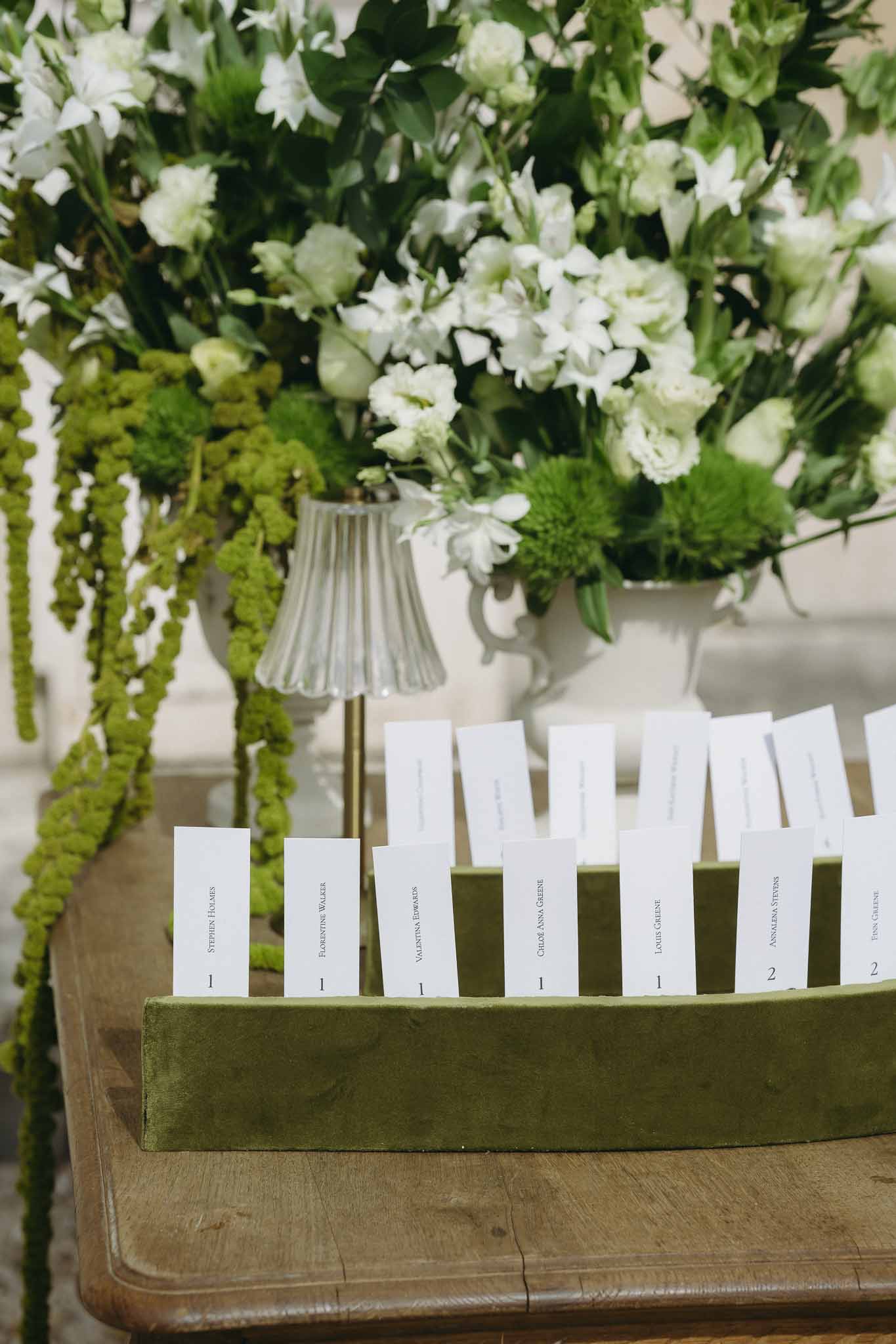 Reception table place cards and floral centerpiece with white flowers and green foliage in ceramic urn