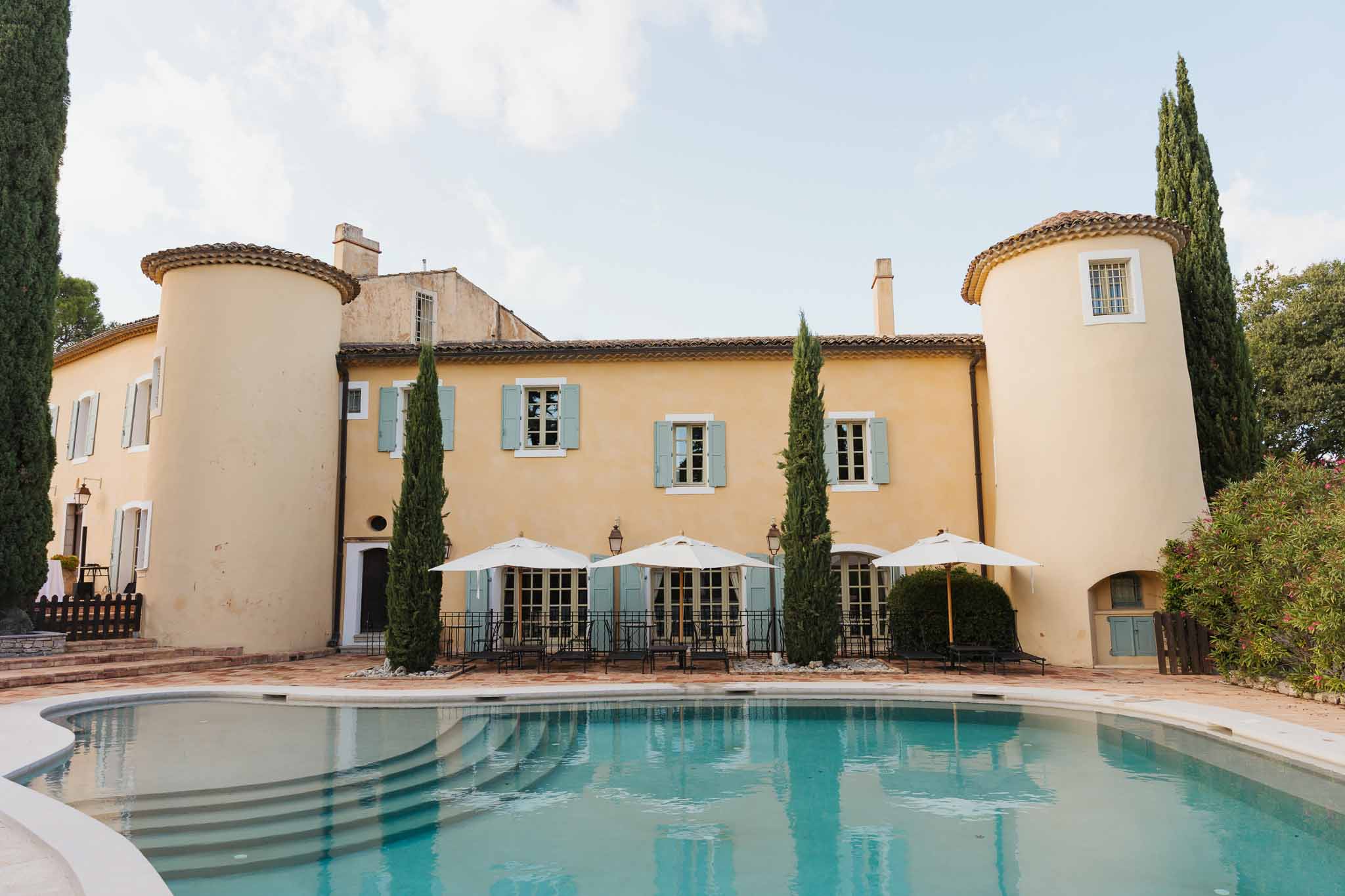 Provençal stone venue with swimming pool and terrace seating area