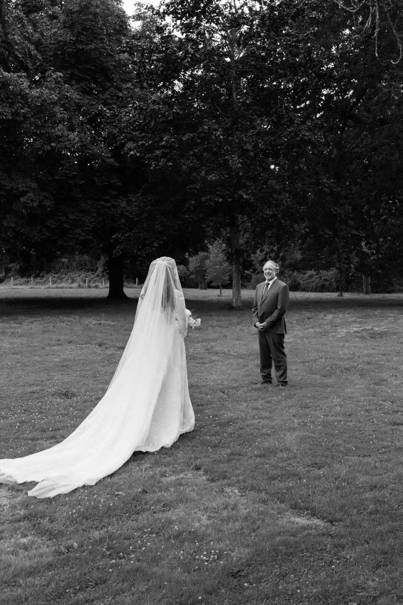 First look moment between bride and groom in open parkland setting with cathedral veil