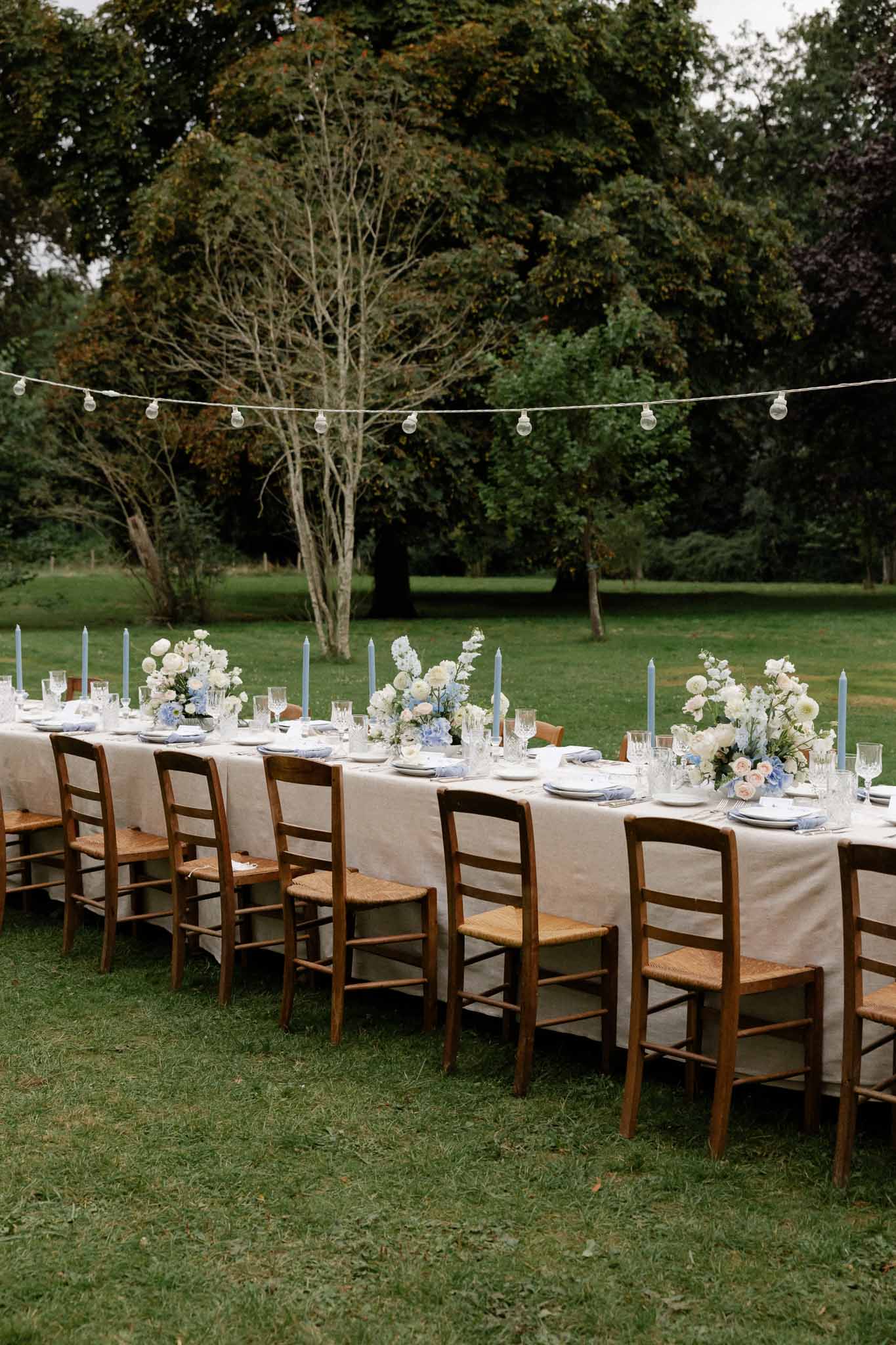 Long reception table with ivory linens and blue accents set beneath mature tree in garden estate setting