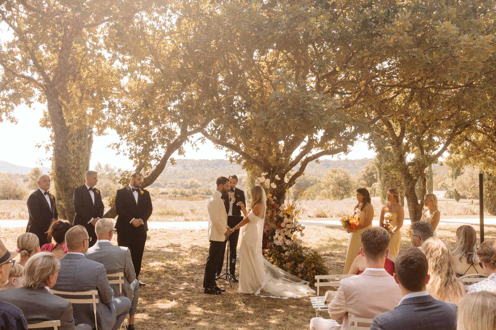 Outdoor wedding ceremony with bridal party under trees with hillside and water views in background