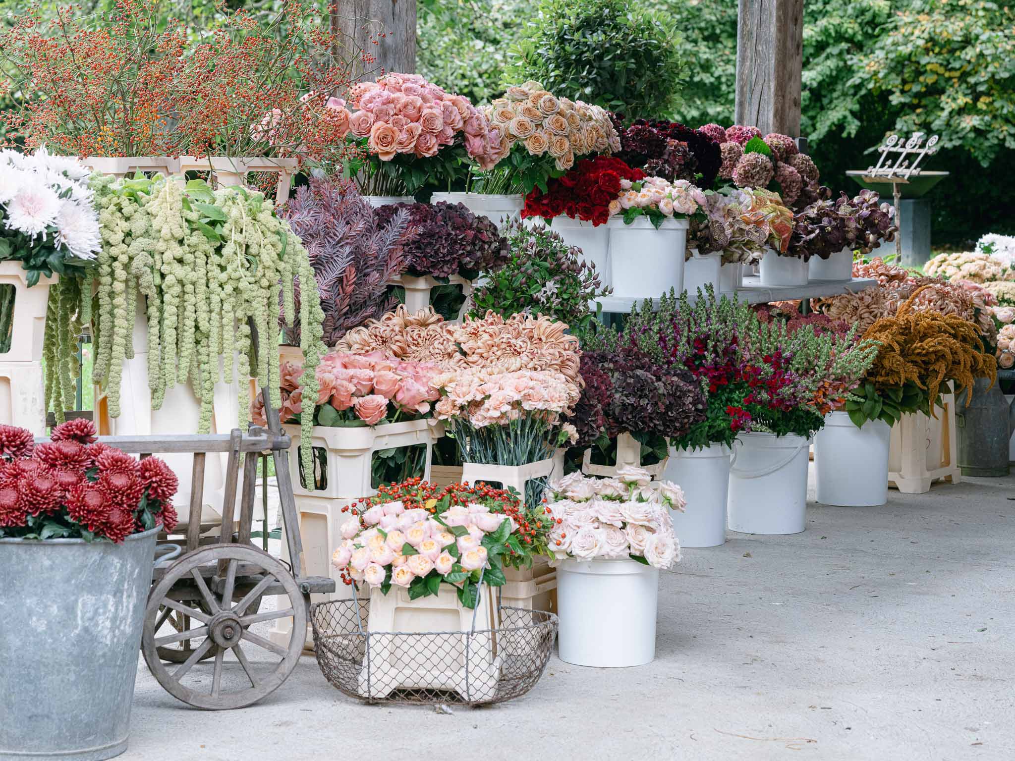 Flower market display with roses, dahlias and peonies in rustic containers at outdoor garden venue