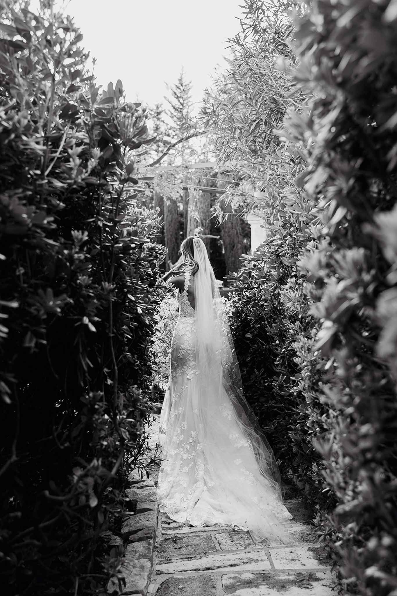 Bride in lace wedding dress walking through hedge-lined garden pathway
