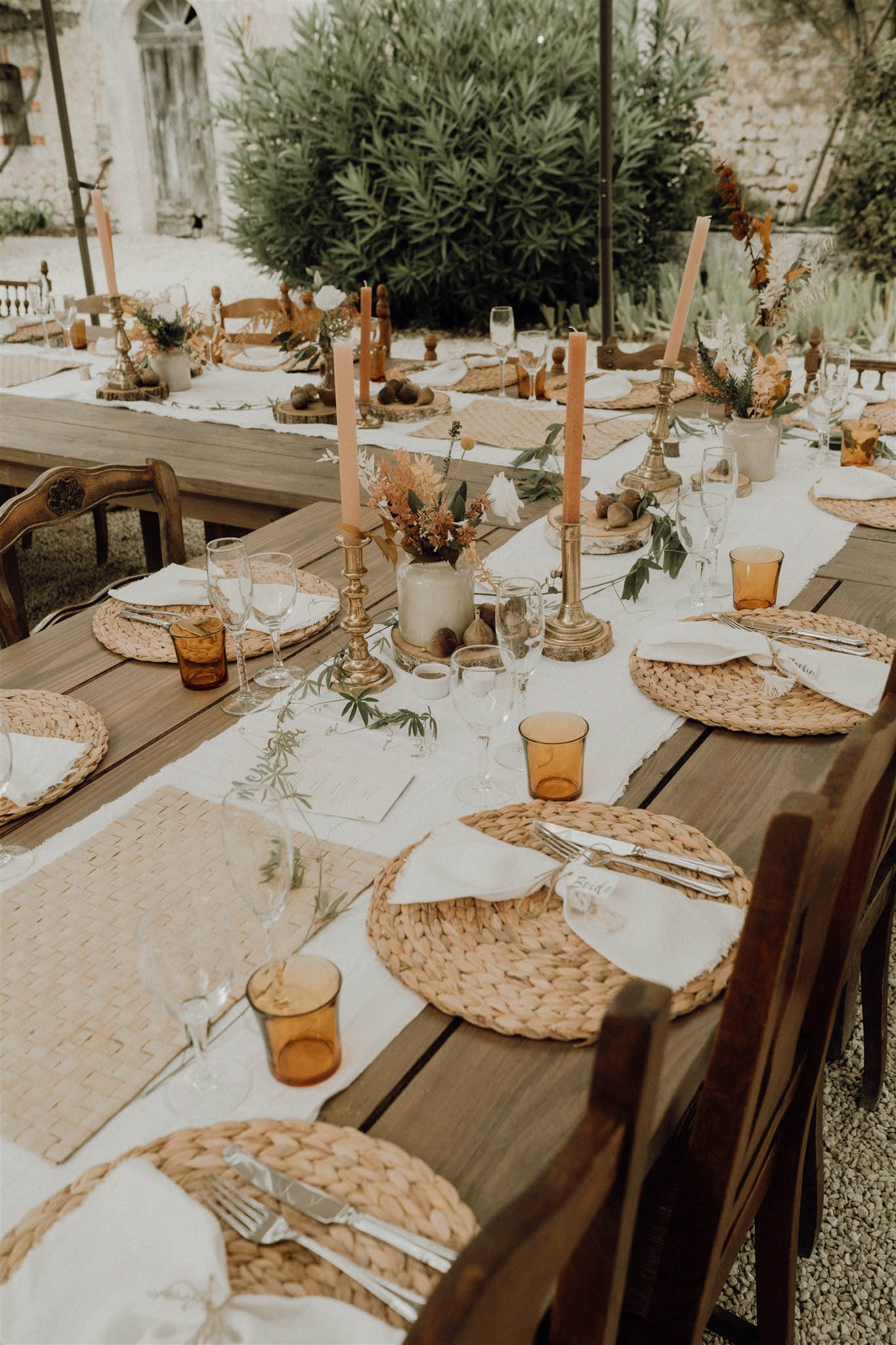 Wedding reception table setting in a garden