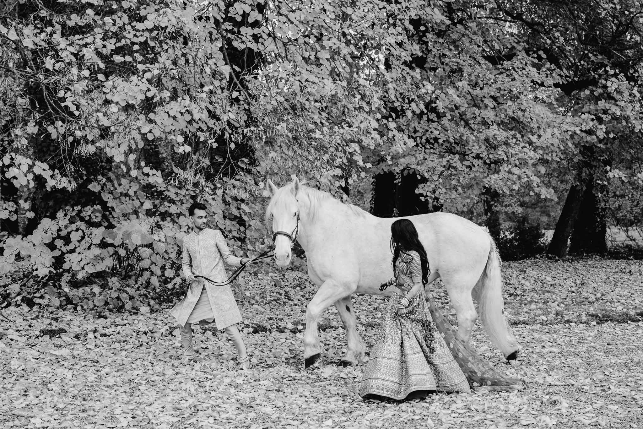 Bride and groom with white horse in garden setting during wedding portrait session