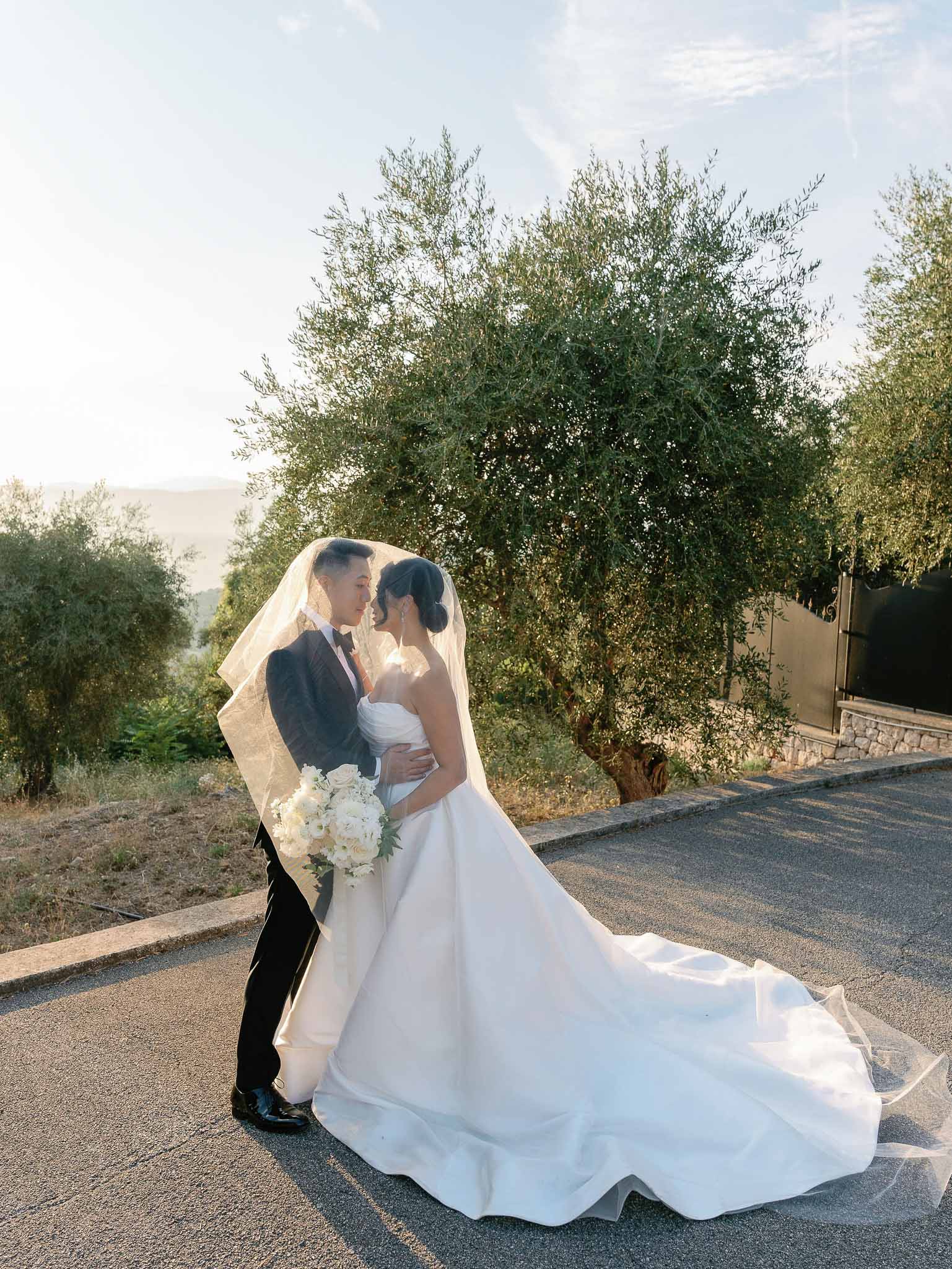 Bride and groom embracing among olive trees at Mediterranean countryside venue
