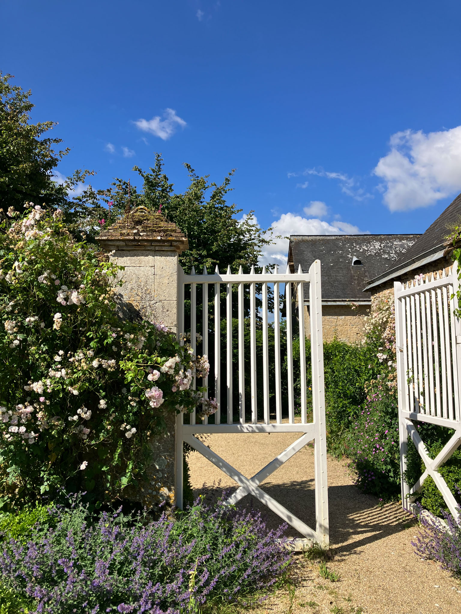 White wooden gate between stone pillars with climbing pink roses at French country property entrance