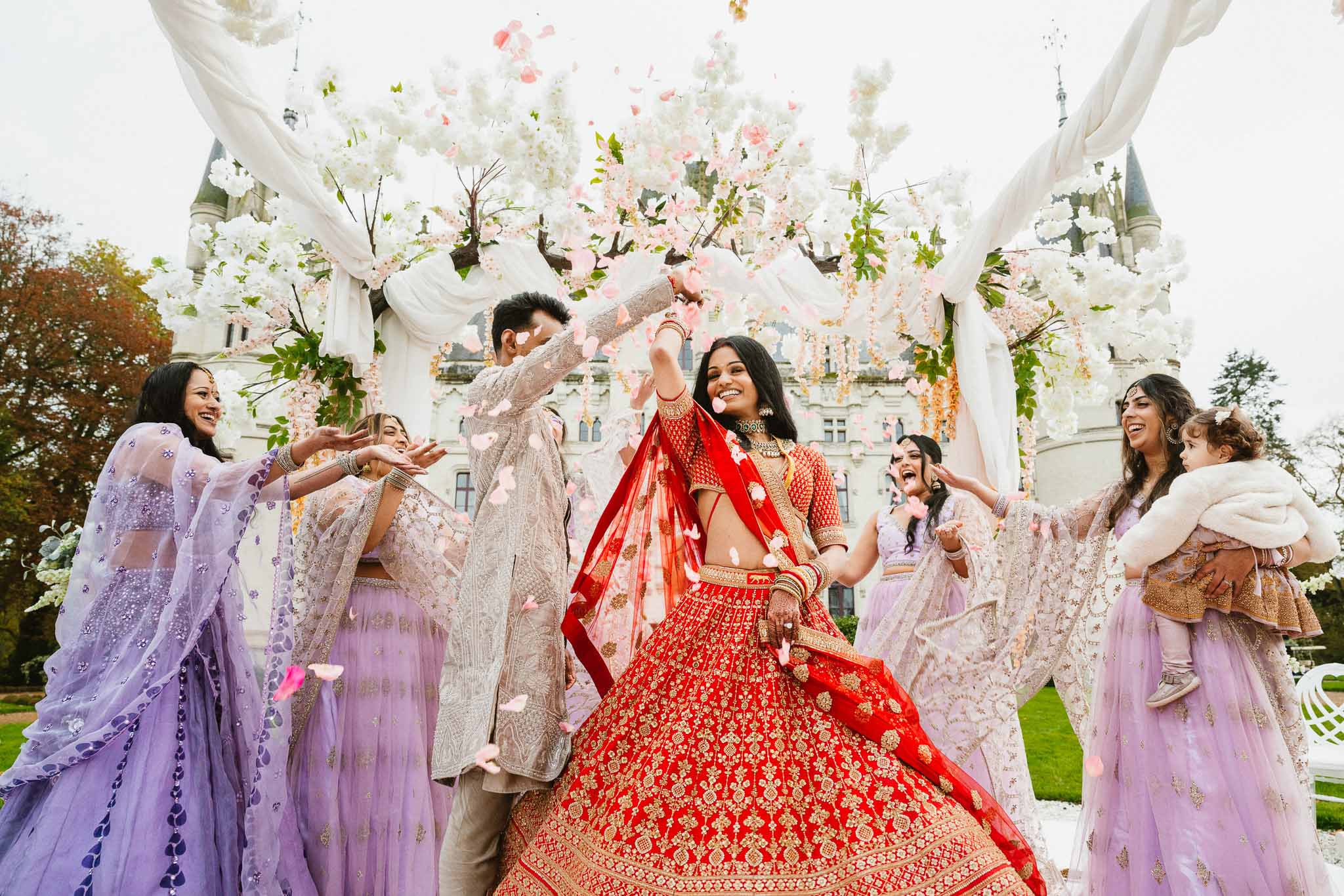 Vermillion Sabyasachi and Marigold Mandaps at Chateau Challain, Loire Valley