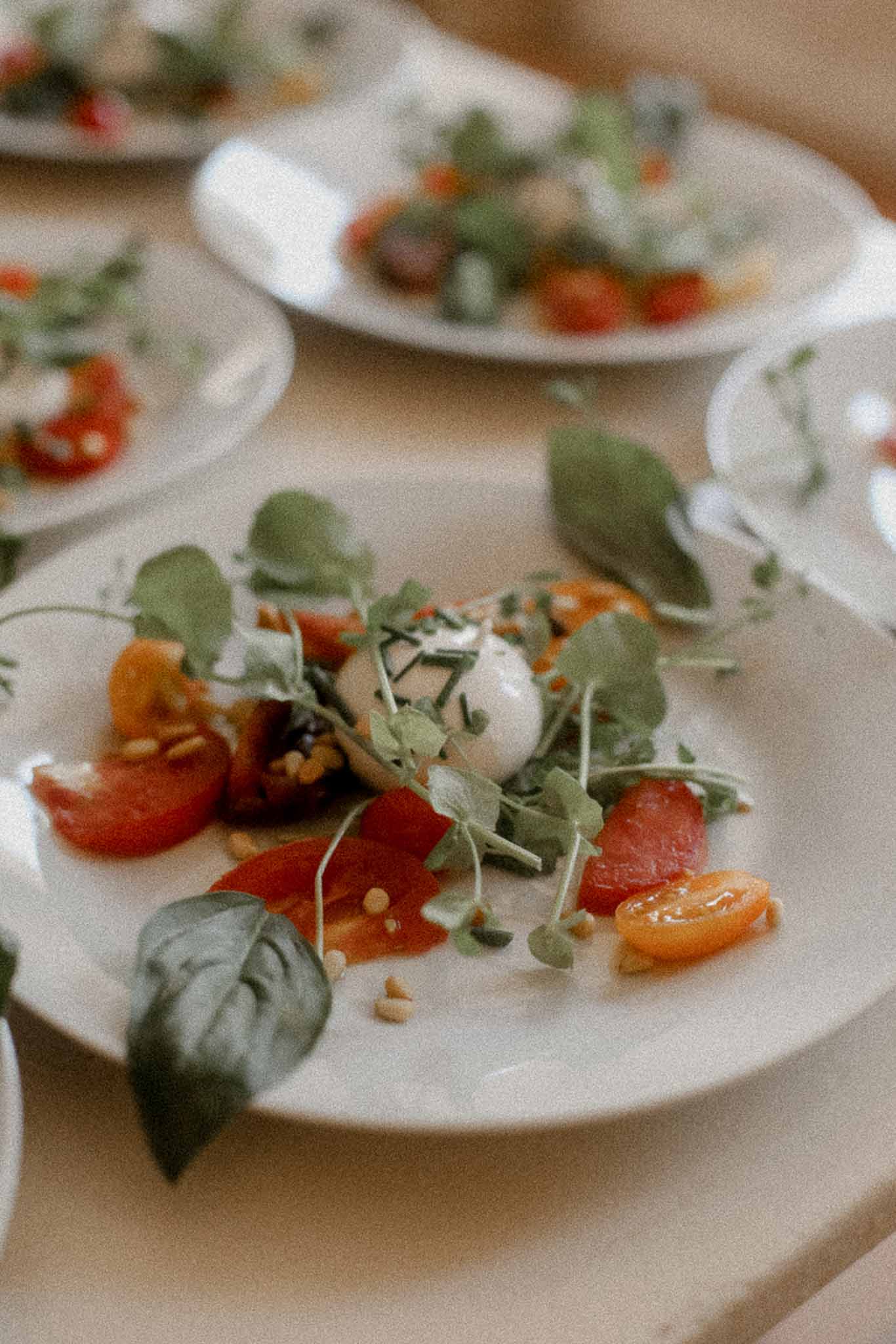 Plated appetizers with red pepper and mozzarella at wedding reception