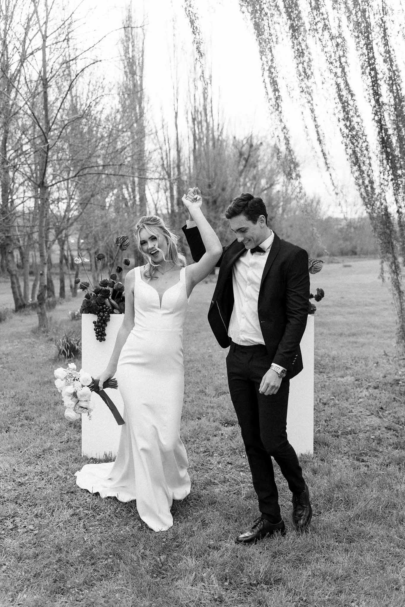 Black and white photo of bride and groom portrait