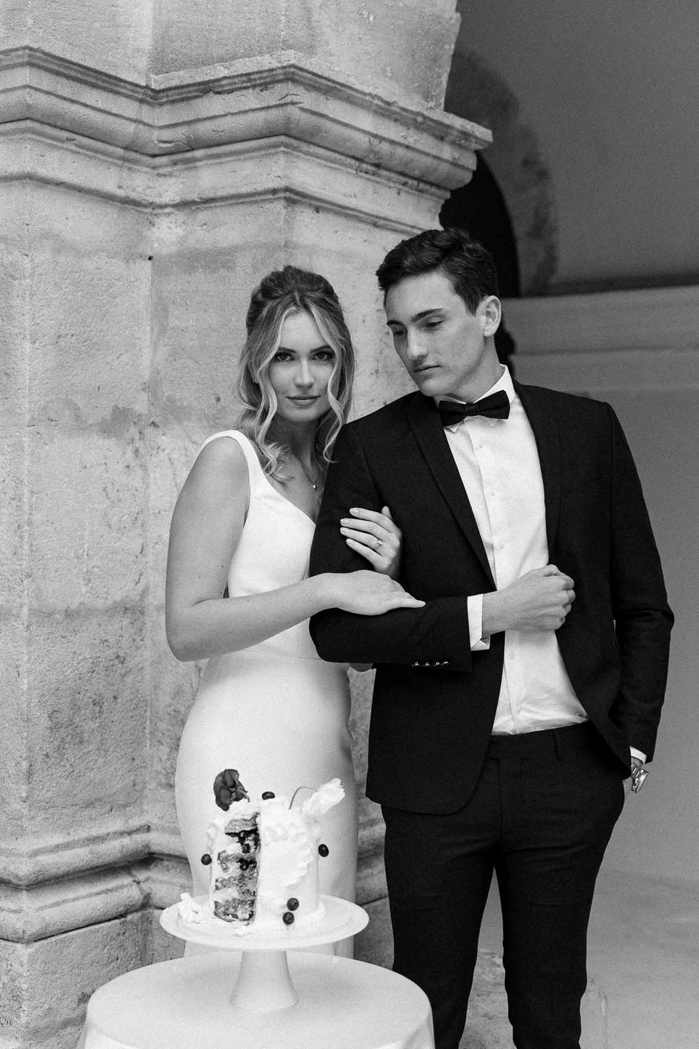 Black and white photo of wedding reception room